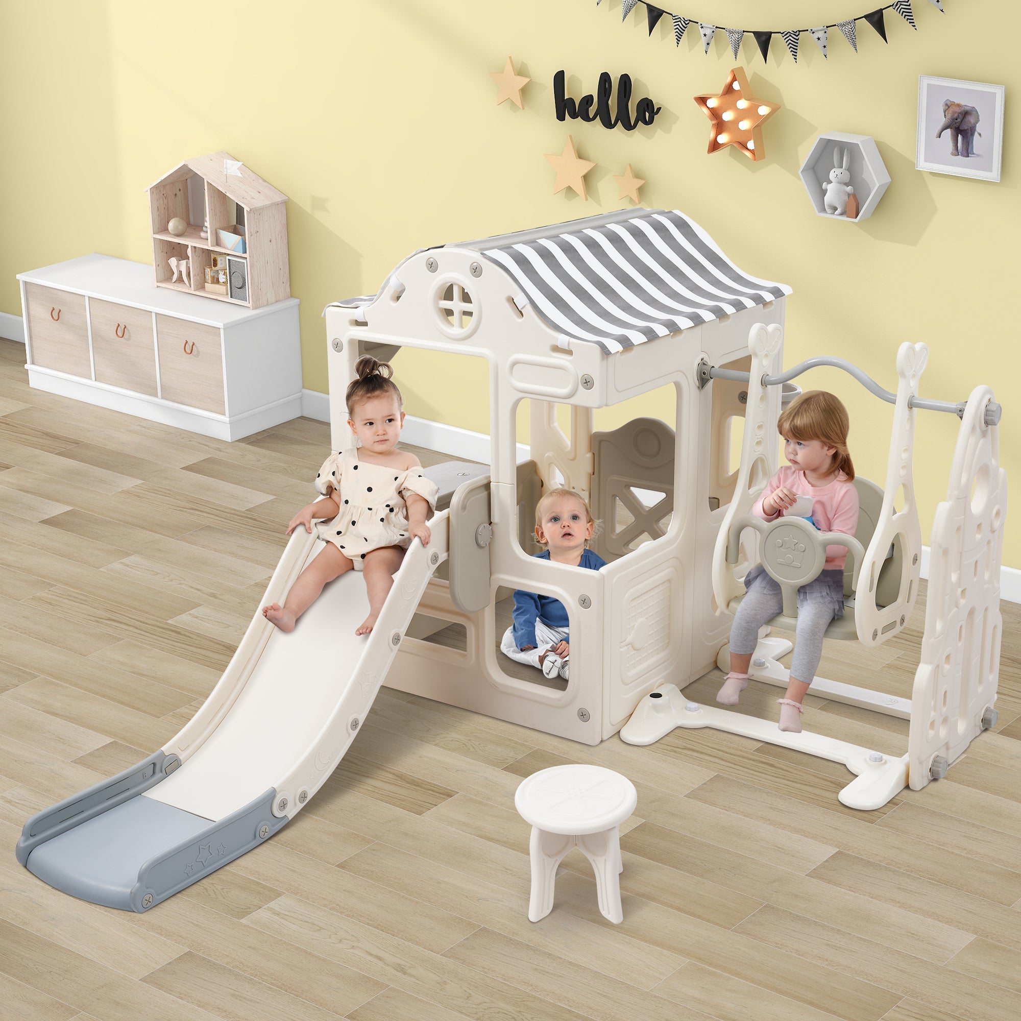 6 In 1 Toddler Slide And Swing Set, Kids Playground Climber Slide Playset With Fairy House, Freestanding Slide For Babies Off White Grey 50 99 Lbs Cute Hdpe Indoor & Outdoor Use