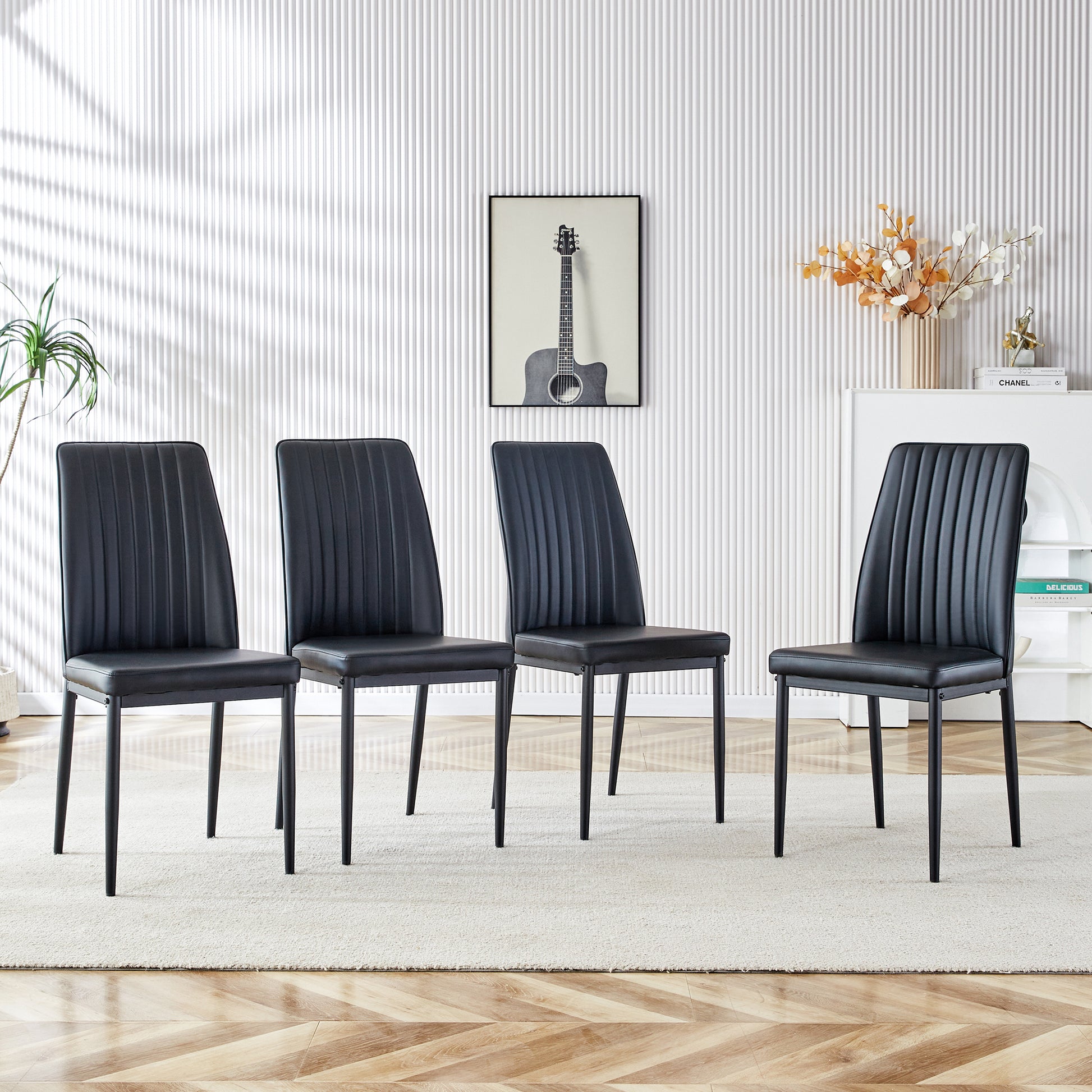 Modern Dining Chairs Set Of 6, Side Dining Room Kitchen Chairs, Faux Leather Upholstered Seat And Metal Legs Side Chairs, Black Black Mdf Glass