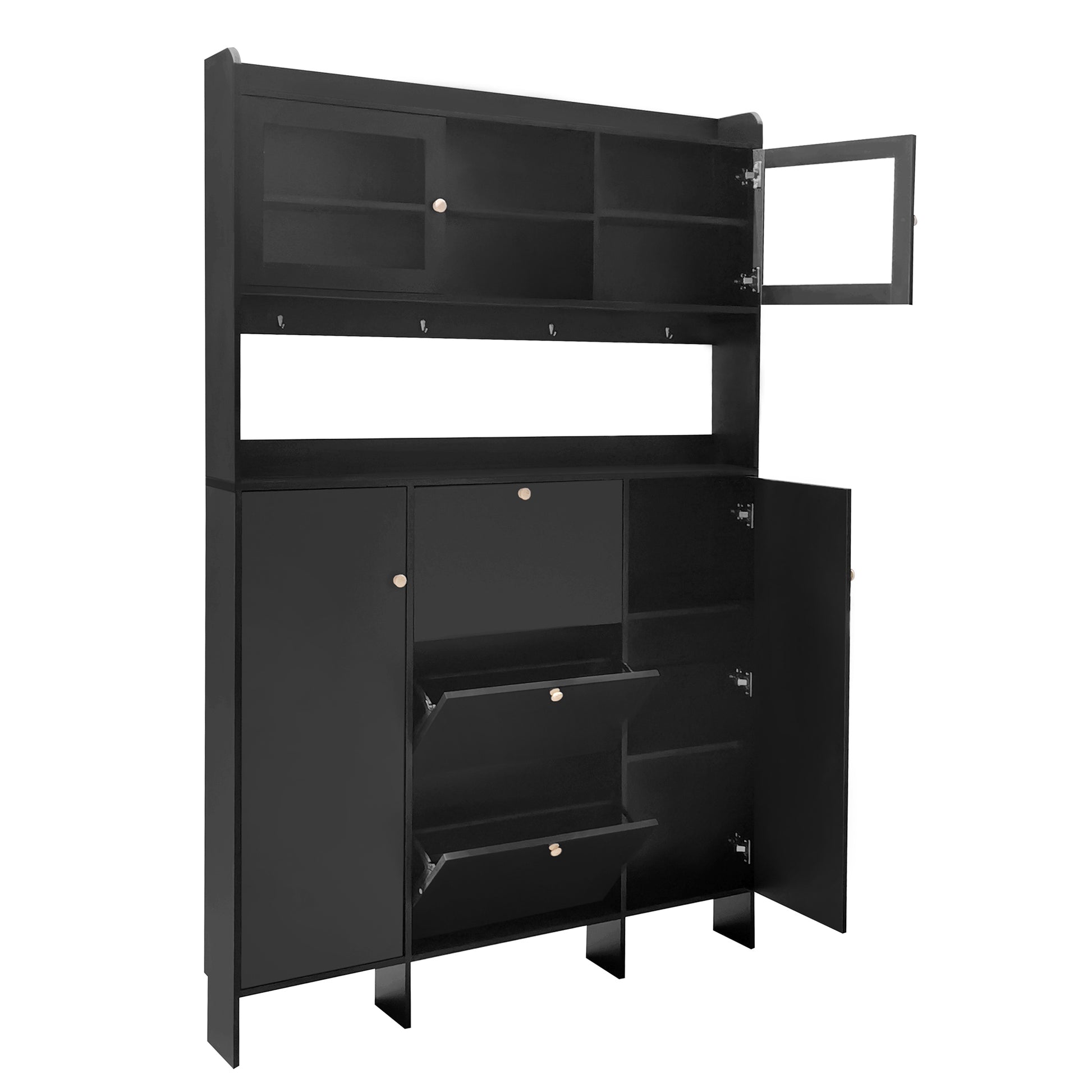 Contemporary Shoe Cabinet With Open Storage Platform, Tempered Glass Hall Tree With 3 Flip Drawers, Versatile Tall Cabinet With 4 Hanging Hooks For Hallway, Black 3 4 Drawers Black Primary Living Space Adjustable Shelves Particle Board