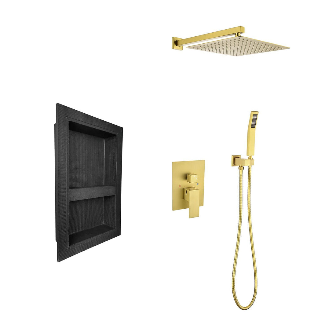 Shower System With Rain Shower Head, Hand Shower Head, Water Control Valve, Shower Bracket, Hose And Niche Brushed Gold Wall Mounted Bathroom Brass