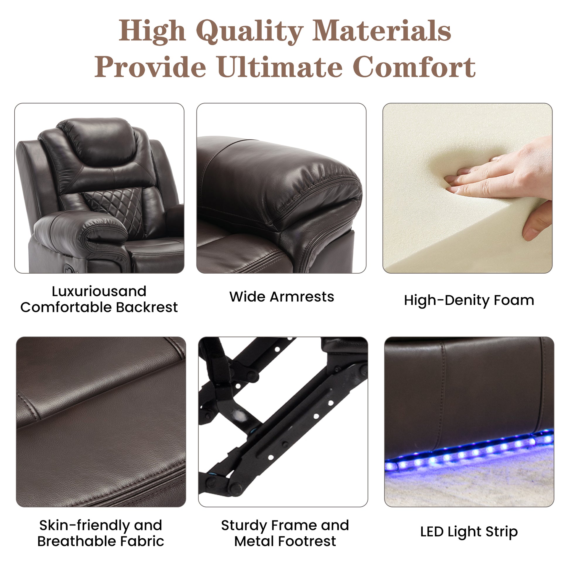 Home Theater Seating Manual Recliner Chair With Led Light Strip For Living Room,Bedroom, Brown Brown Foam Faux Leather