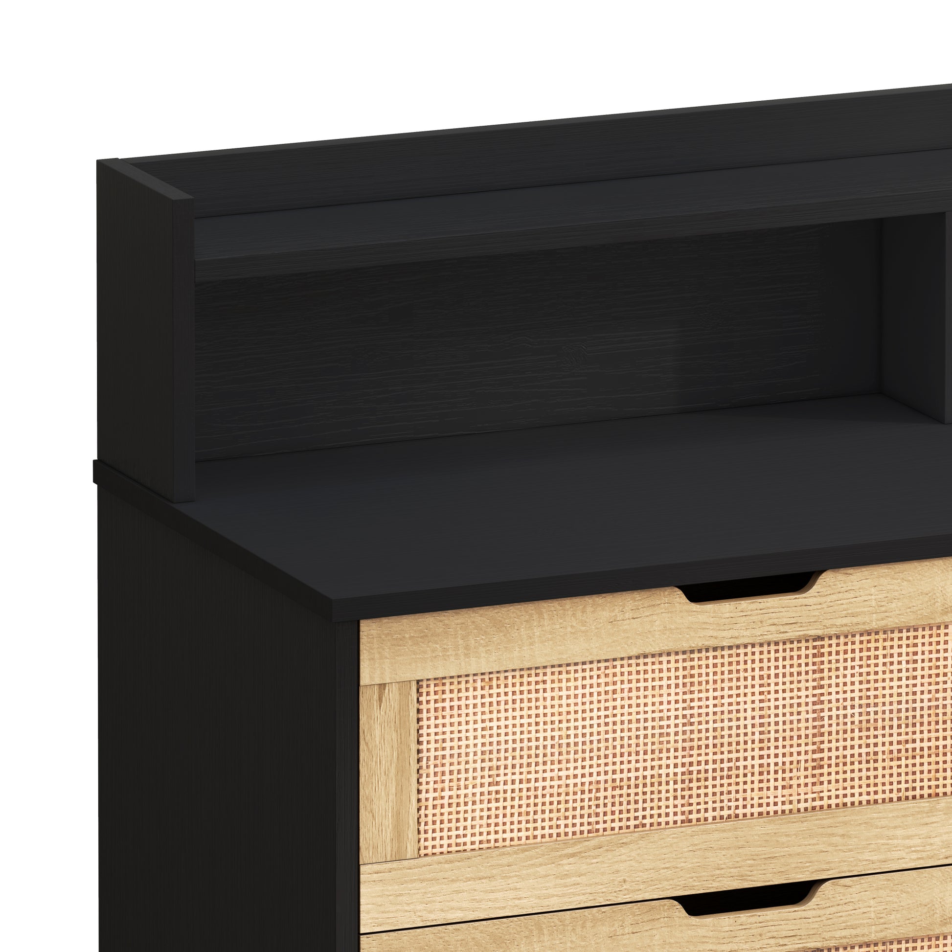 43.31"6 Drawers Rattan Storage Cabinet Rattan Drawer With Led Lights And Power Outlet,For Bedroom,Living Room,Black Black Particle Board