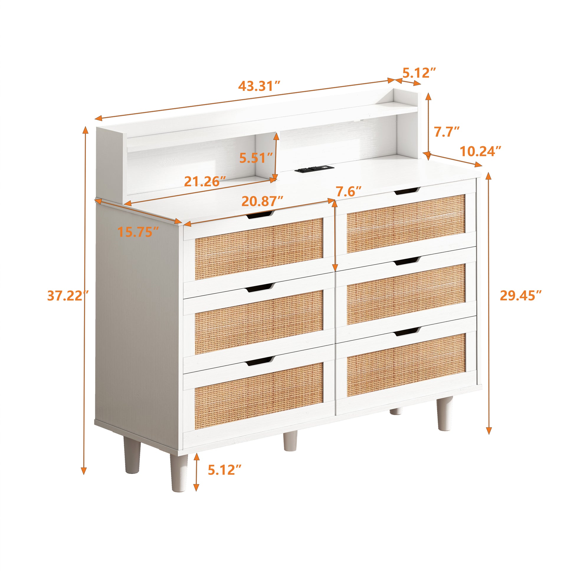 43.31"6 Drawers Rattan Storage Cabinet Rattan Drawer With Led Lights And Power Outlet,For Bedroom,Living Room,White White Particle Board