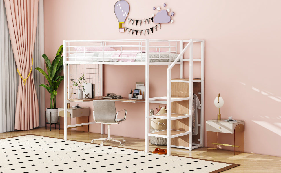 Twin Size Metal Loft Bed With Desk And Metal Grid, Stylish Metal Frame Bed With Lateral Storage Ladder And Wardrobe, White White Mdf Metal