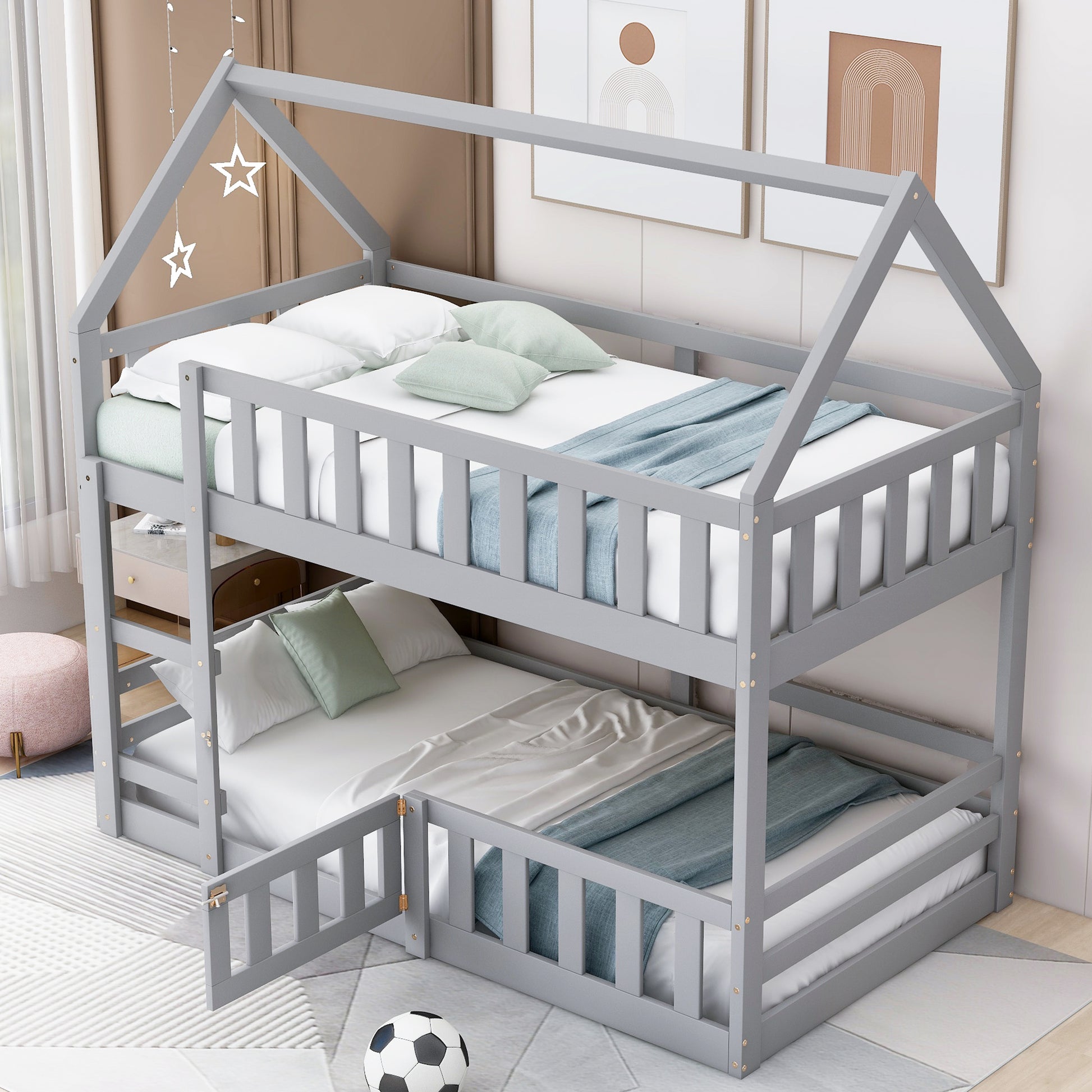 Twin Over Twin House Bunk Bed With Fence And Door, Gray Box Spring Not Required Twin Gray Wood Bedroom Bunk Solid Wood Mdf