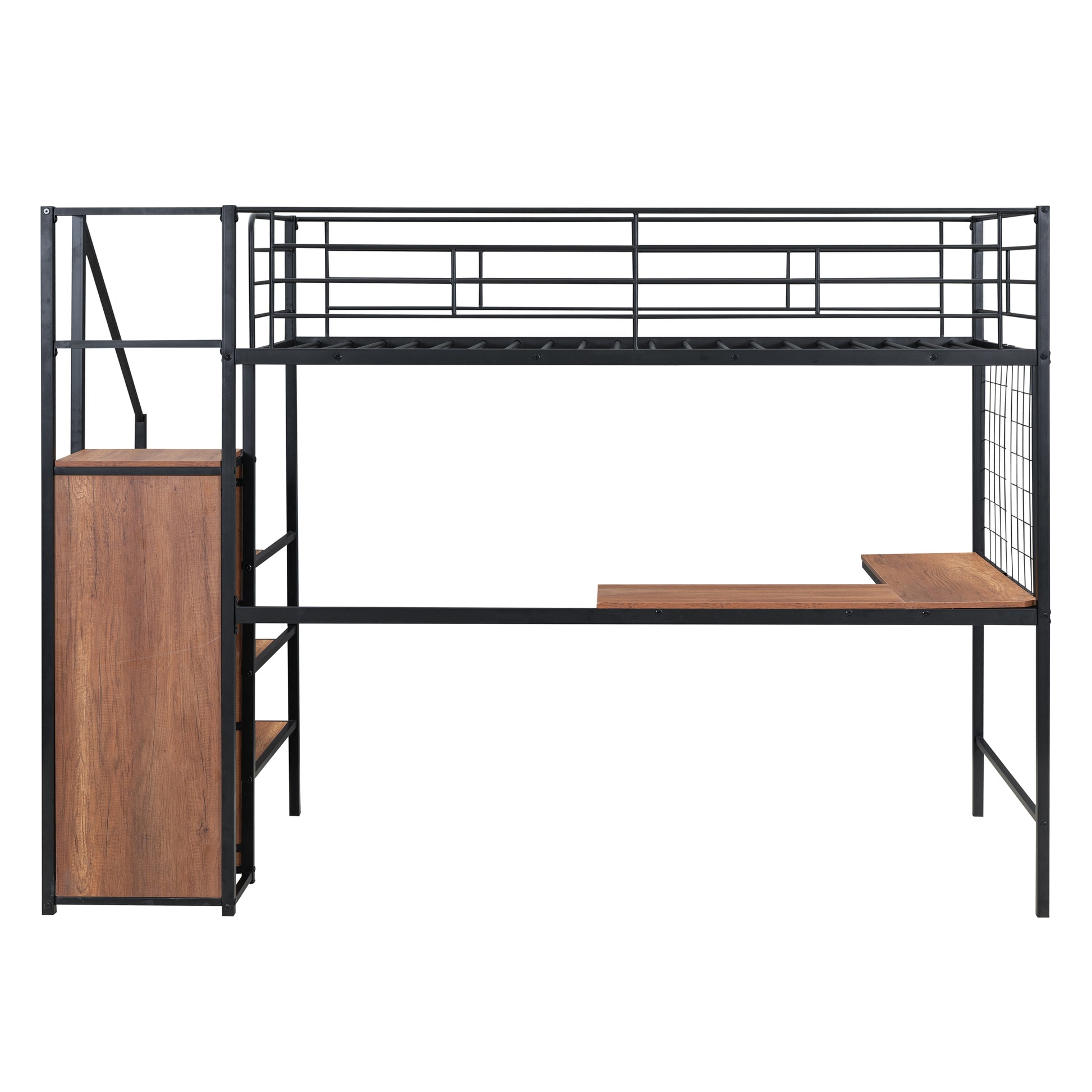 Twin Size Metal Loft Bed With Desk And Metal Grid, Stylish Metal Frame Bed With Lateral Storage Ladder And Wardrobe, Black Black Mdf Metal