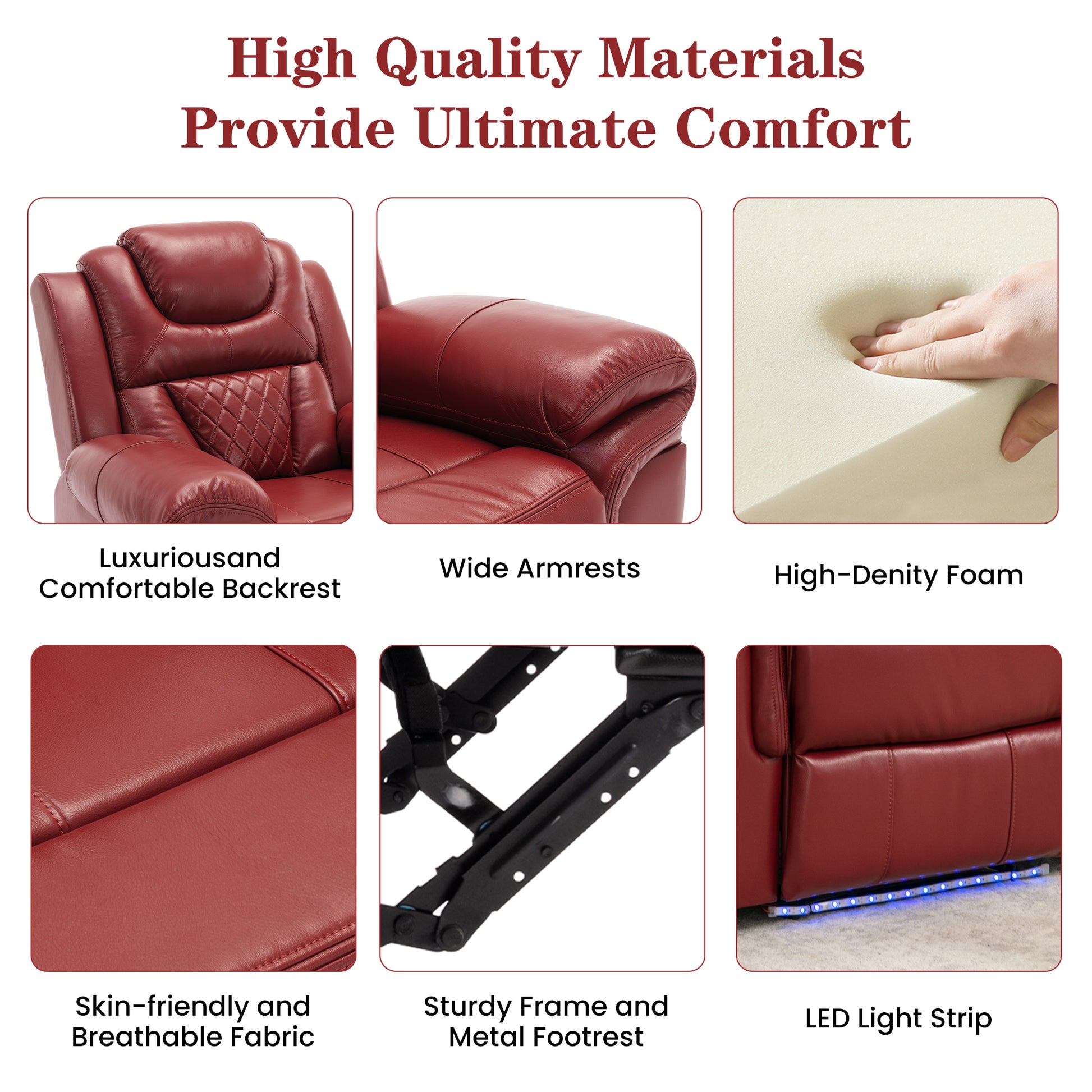 3 Pieces Recliner Sofa Sets Home Theater Seating Manual Recliner Chair With Center Console And Led Light Strip For Living Room, Wine Red Wine Red Foam Faux Leather