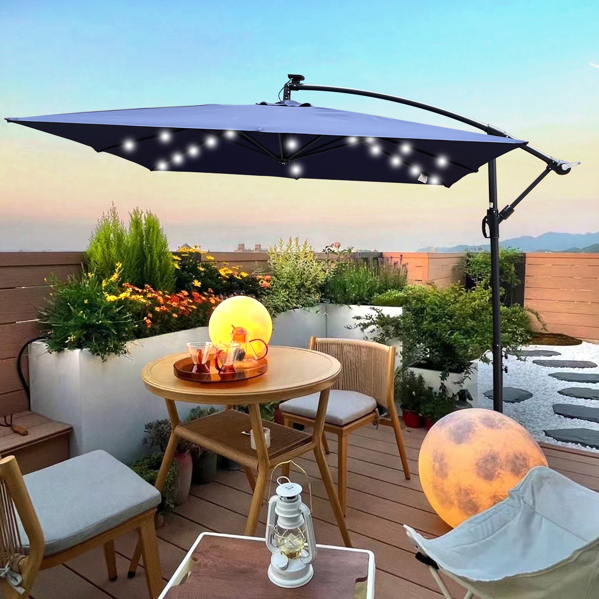 Square 2.5X2.5M Outdoor Patio Umbrella Solar Powered Led Lighted Sun Shade Market Waterproof 8 Ribs Umbrella With Crank And Cross Base For Garden Deck Backyard Pool Shade Outside Deck Swimming Pool