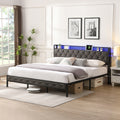 King Bed Frame With Storage Headboard, Charging Station And Led Lights, Upholstered Platform Bed With Heavy Metal Slats, No Box Spring Needed, Noise Free, Easy Assembly, Dark Gray Box Spring Not Required King Gray Metal Bedroom Bed Frame Metal