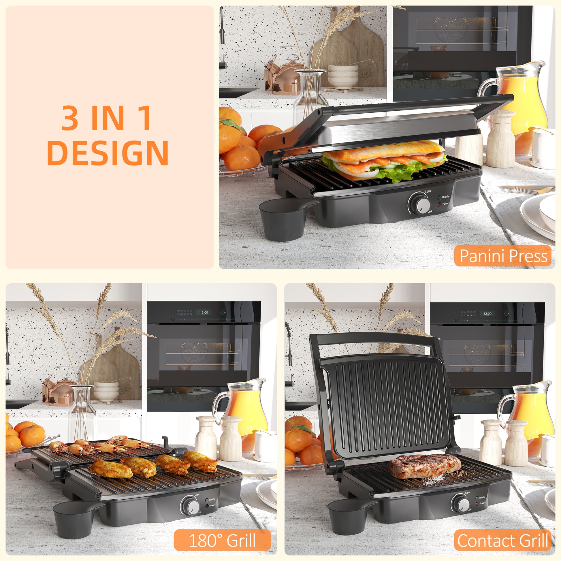 4 Slice Panini Press Grill, Stainless Steel Sandwich Maker With Non Stick Double Plates, Locking Lids And Drip Tray, Opens 180 Degrees To Fit Any Type Or Size Of Food Black Stainless Steel