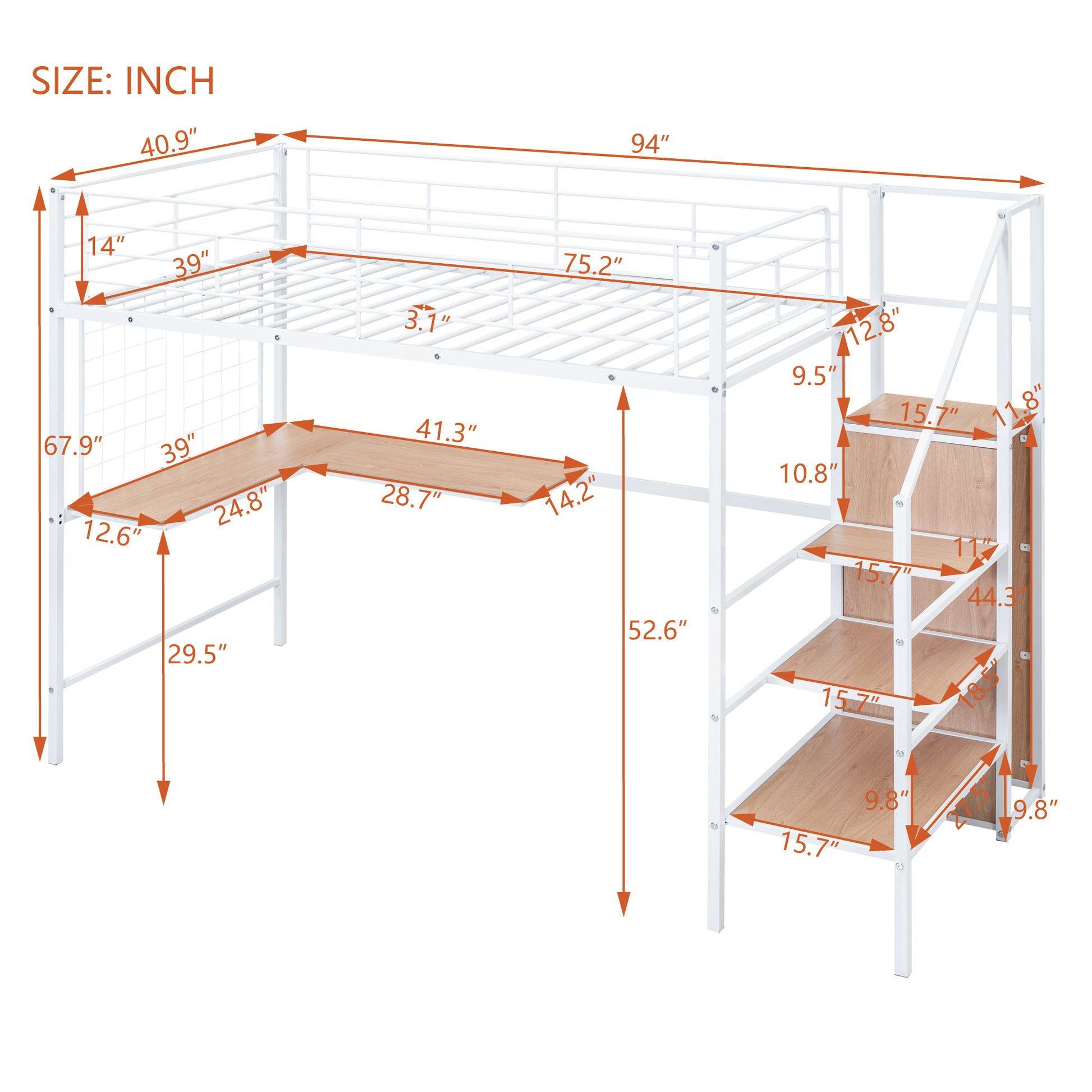 Twin Size Metal Loft Bed With Desk And Metal Grid, Stylish Metal Frame Bed With Lateral Storage Ladder And Wardrobe, White White Mdf Metal