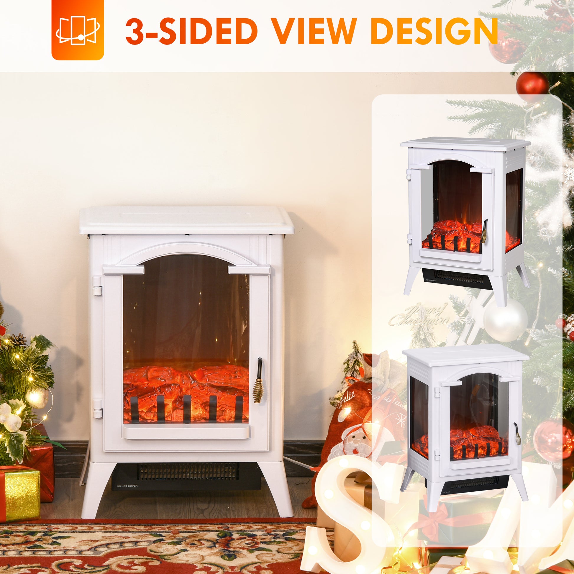 23" Electric Fireplace Heater, Fire Place Stove With Realistic Led Flames And Logs And Overheating Protection, 750W 1500W, White White Metal