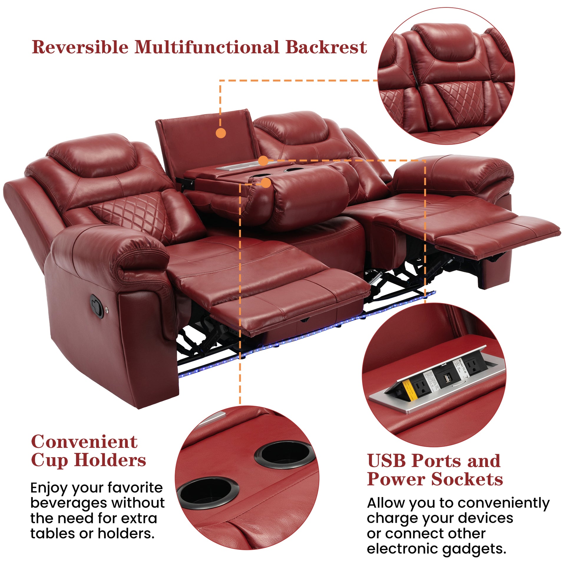 Home Theater Seating Manual Recliner Chair With Center Console And Led Light Strip For Living Room, Wind Red Red Foam Faux Leather