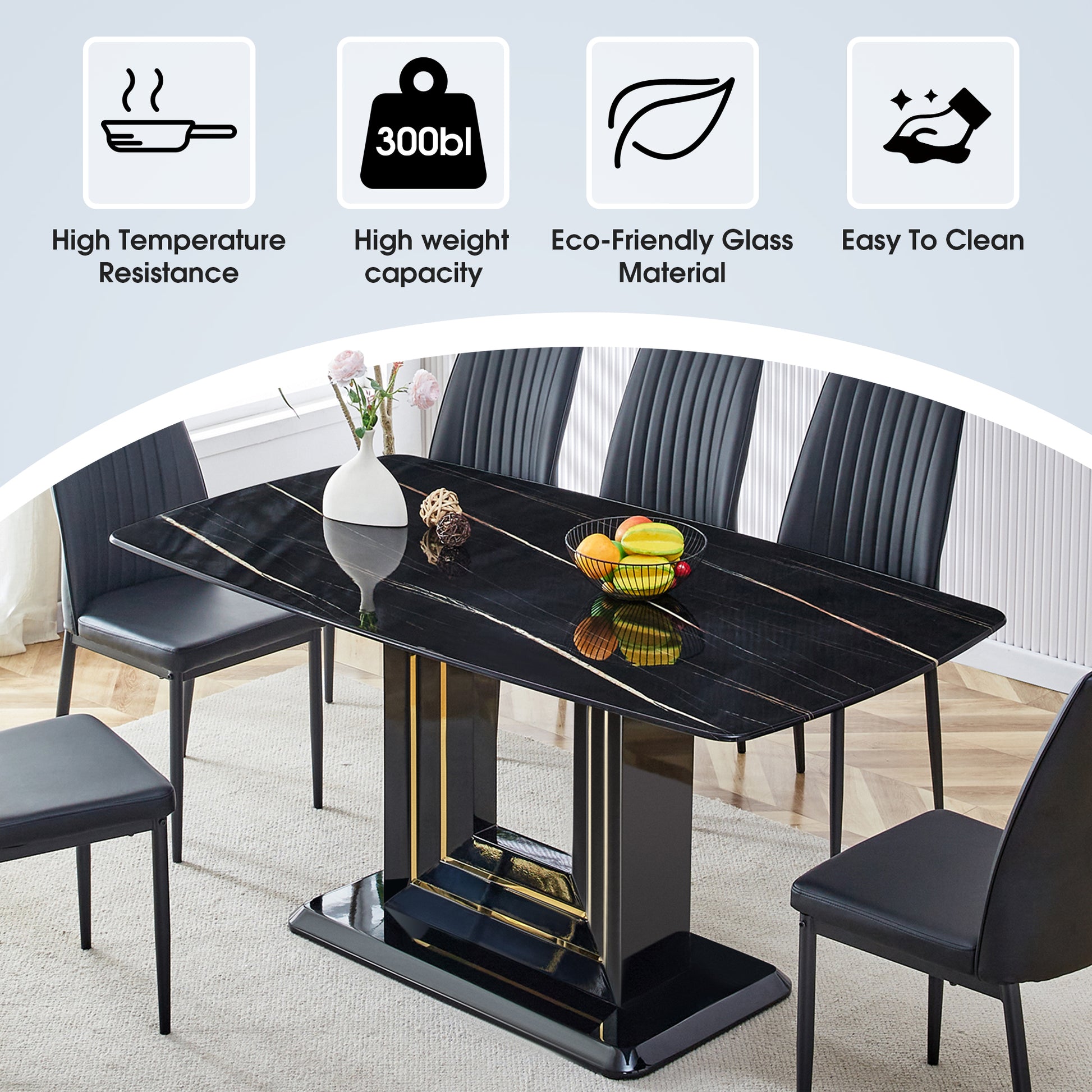 Rectangular 63" Marble Dining Table, Luxurious Dining Room Table With Faux Marble Top And U Shape Mdf Base, Modern Kitchen Dining Table For Kitchen Living Dining Room Black Luxury,Modern Mdf Glass