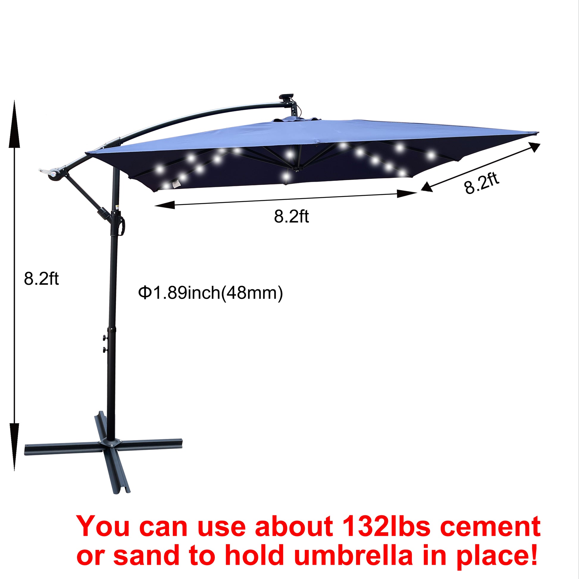 Square 2.5X2.5M Outdoor Patio Umbrella Solar Powered Led Lighted Sun Shade Market Waterproof 8 Ribs Umbrella With Crank And Cross Base For Garden Deck Backyard Pool Shade Outside Deck Swimming Pool