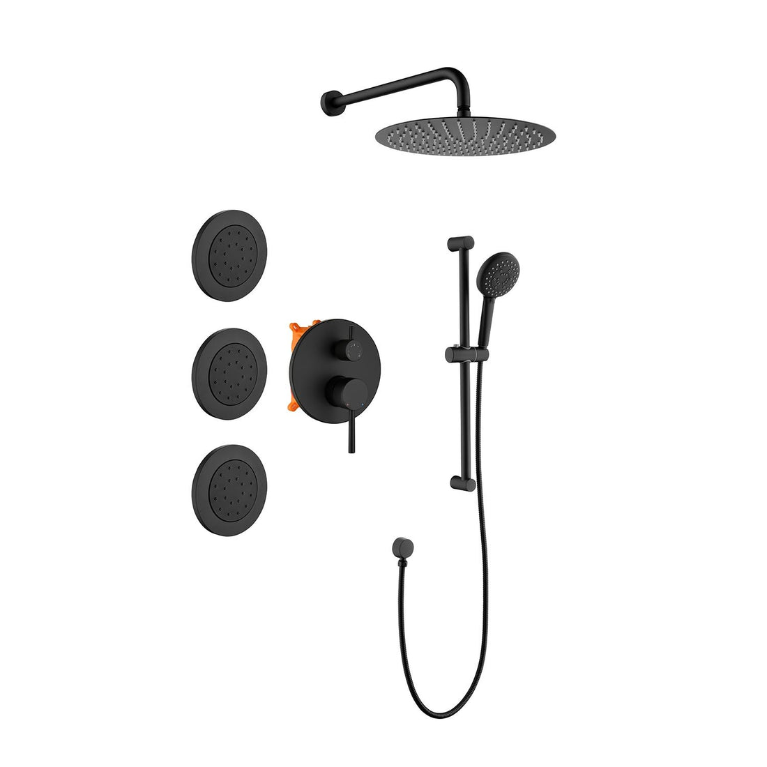 Shower System With Shower Head, Hand Shower, Slide Bar, Bodysprays, Shower Arm, Hose, Valve Trim, And Lever Handles Matte Black Wall Mounted Bathroom Brass