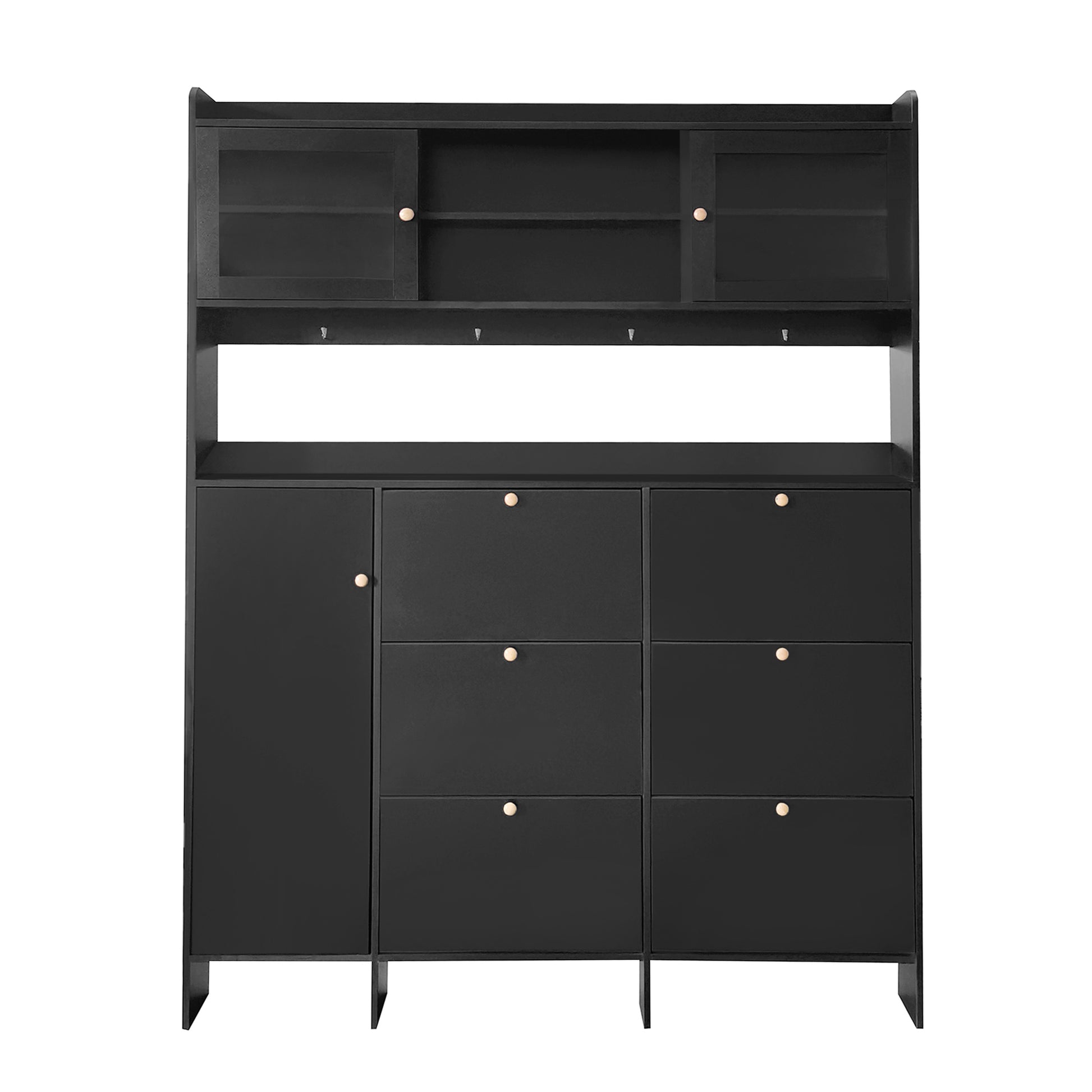 Multifunctional Shoe Cabinet With Storage Shelf & 6 Flip Drawers, Modern Large Hall Tree With Tempered Glass Doors, Elegant Foyer Cabinet With 4 Hooks For Hallway, Black 5 Or More Drawers Black Particle Board