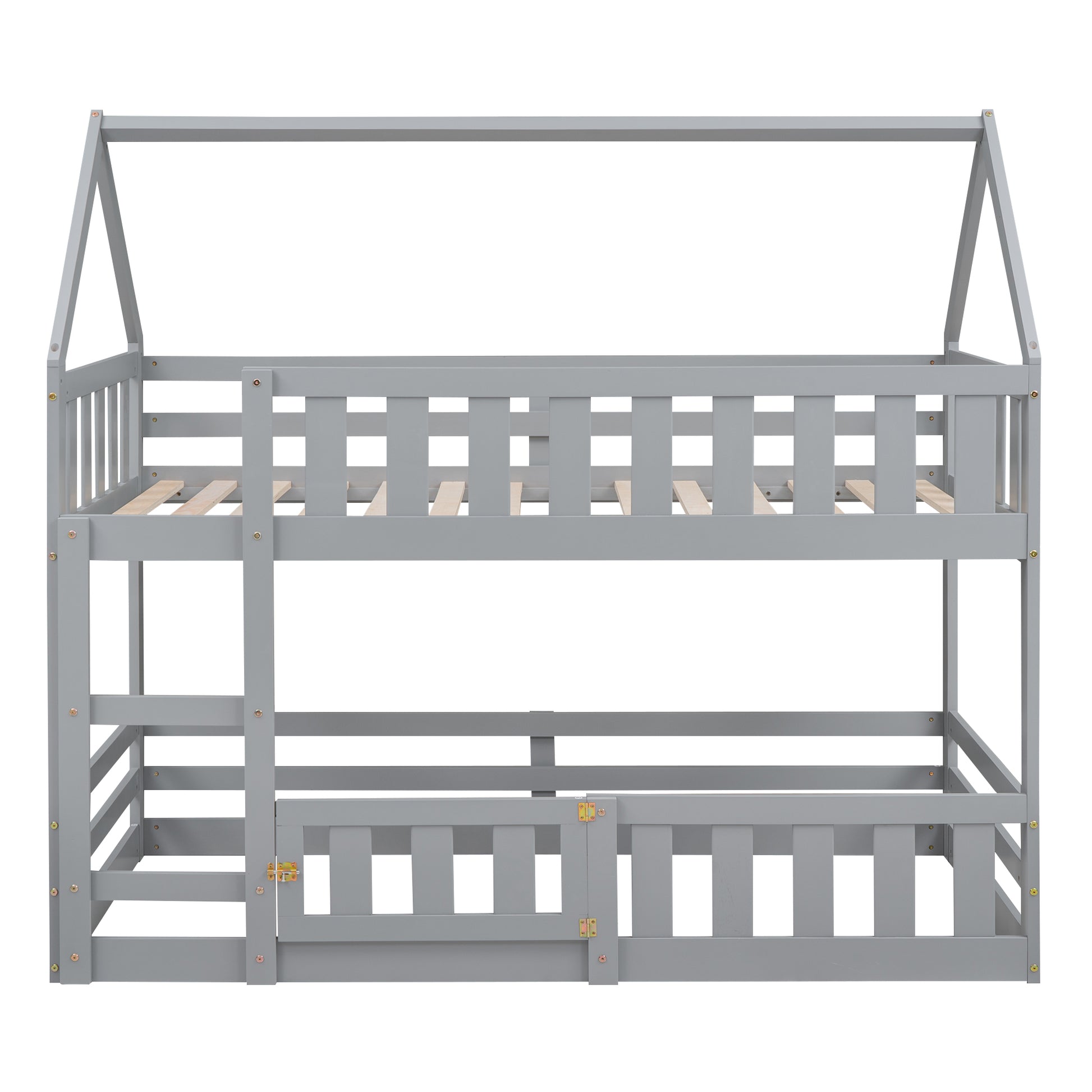 Twin Over Twin House Bunk Bed With Fence And Door, Gray Box Spring Not Required Twin Gray Wood Bedroom Bunk Solid Wood Mdf