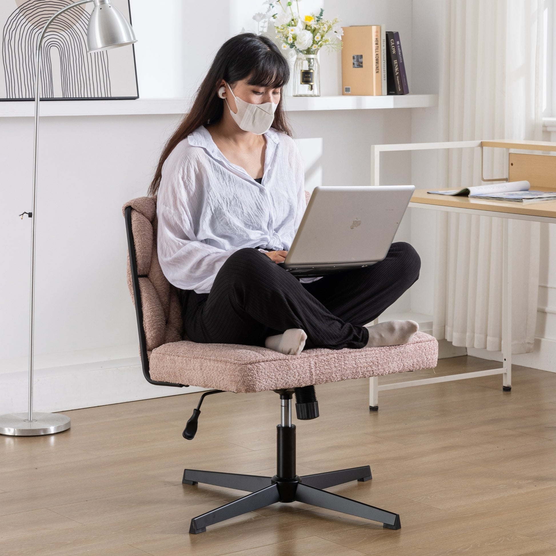 Armless Office Desk Chair No Wheels, Pink Pink Foam Polyester Blend