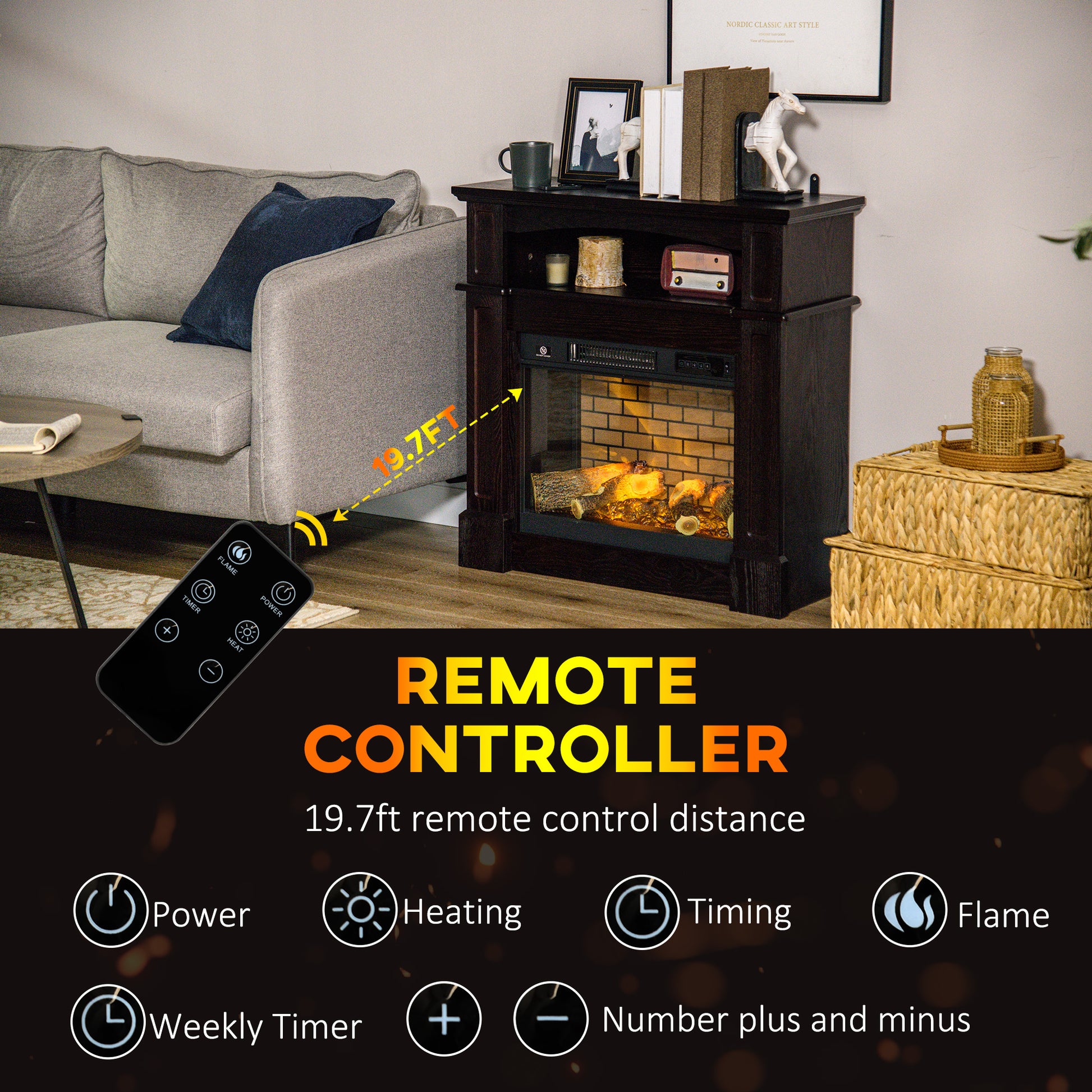 32" Electric Fireplace With Mantel, Freestanding Heater With Led Log Flame, Shelf And Remote Control, 700W 1400W, Brown Brown Steel