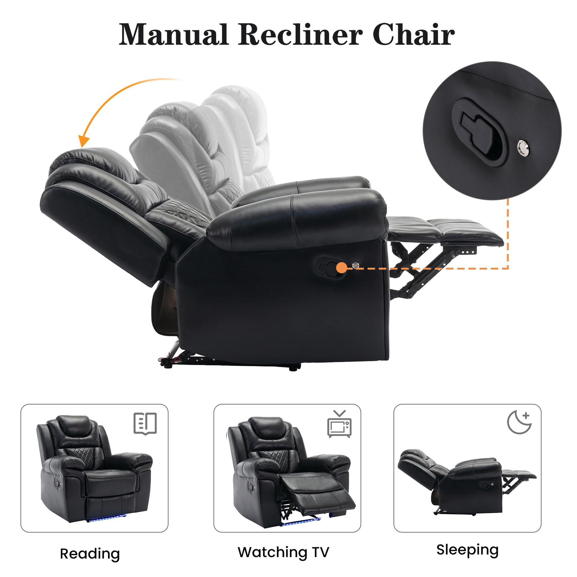 Home Theater Seating Manual Recliner Chair With Led Light Strip For Living Room,Bedroom, Black Black Foam Faux Leather