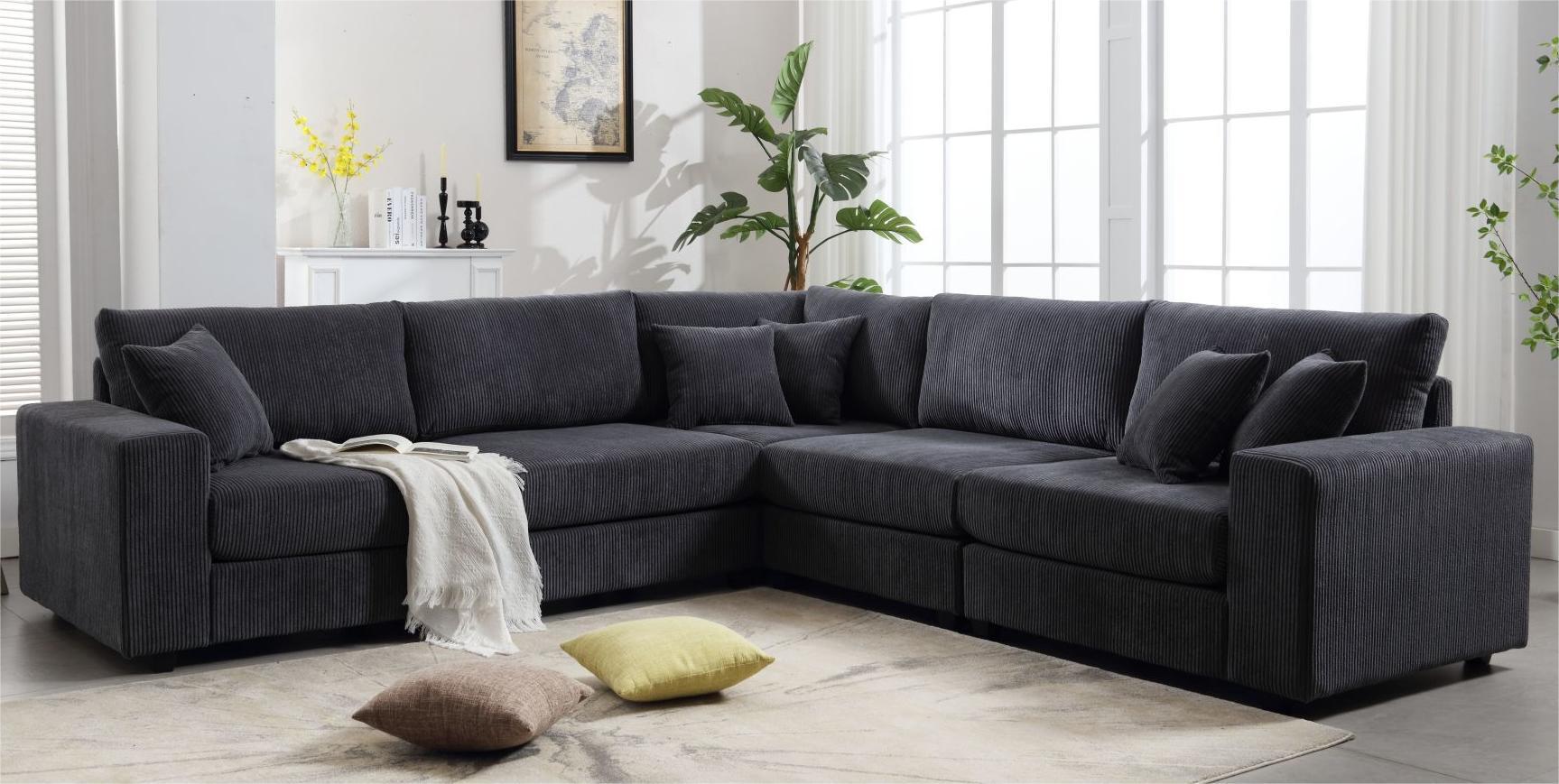 Oversized Length117.2''*Width 117.2'' Modular Sectional Sofa Couches Set ,Corduroy Upholstered Deep Seat Comfy Sofa For Living Room,Dark Gray Dark Gray Light Brown Polyester Wood Primary Living Space Medium Soft Cushion Back Modern Square Arms Wood 5