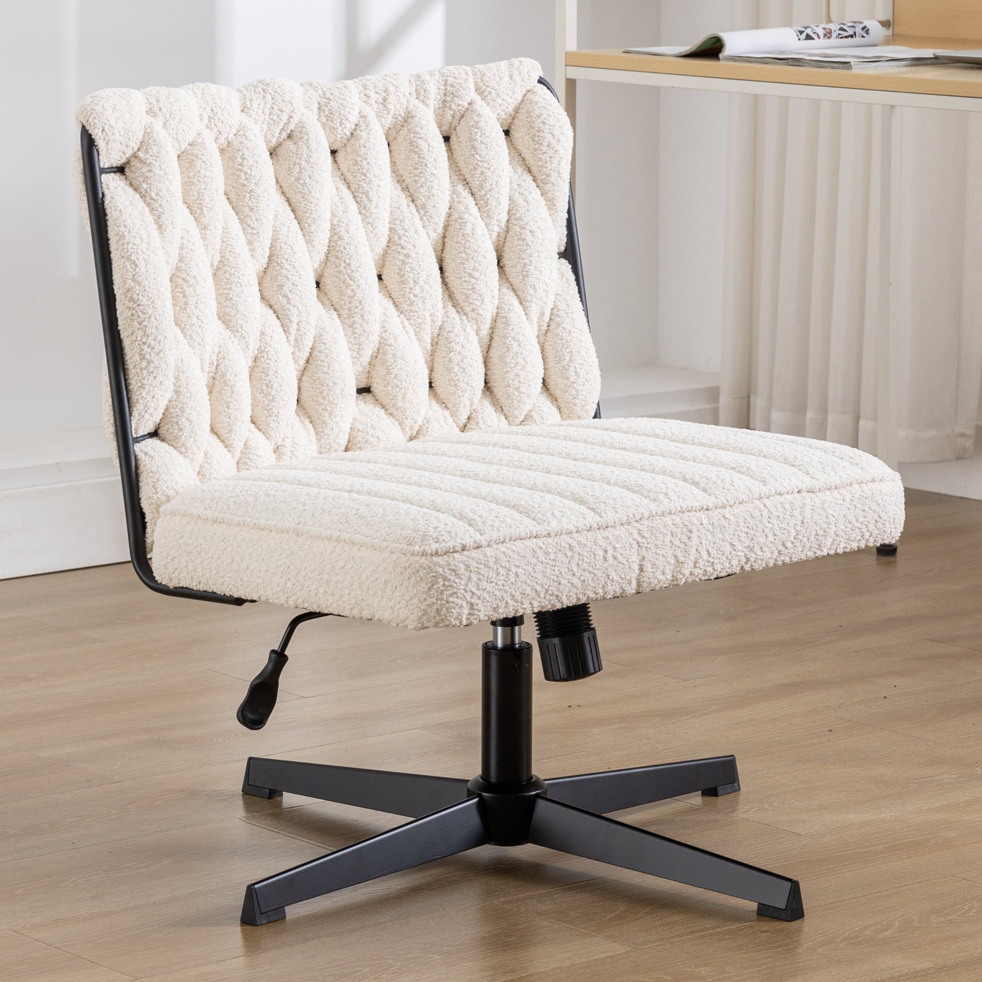 Armless Office Desk Chair No Wheels, White White Foam Polyester Blend