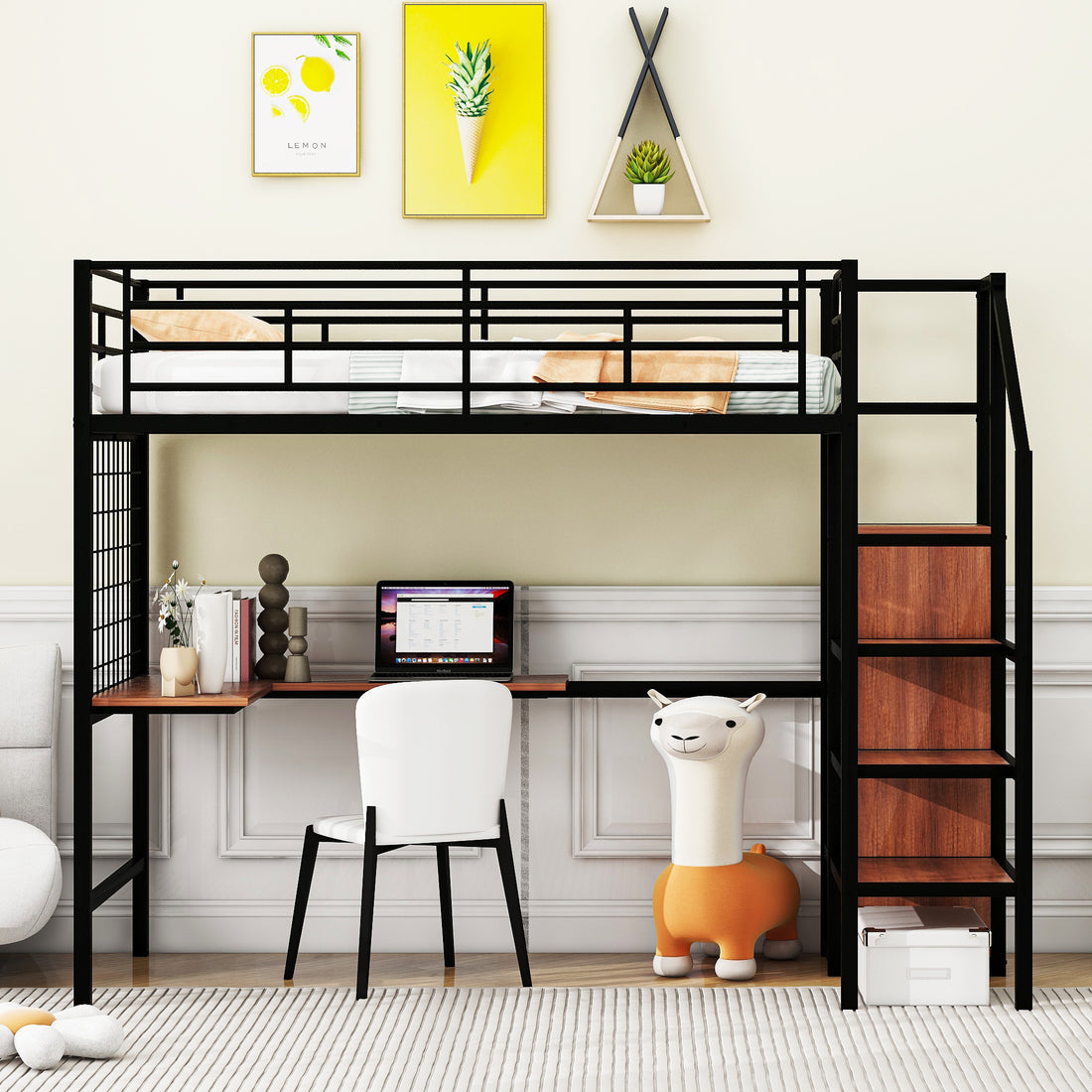 Twin Size Metal Loft Bed With Desk And Metal Grid, Stylish Metal Frame Bed With Lateral Storage Ladder And Wardrobe, Black Black Mdf Metal