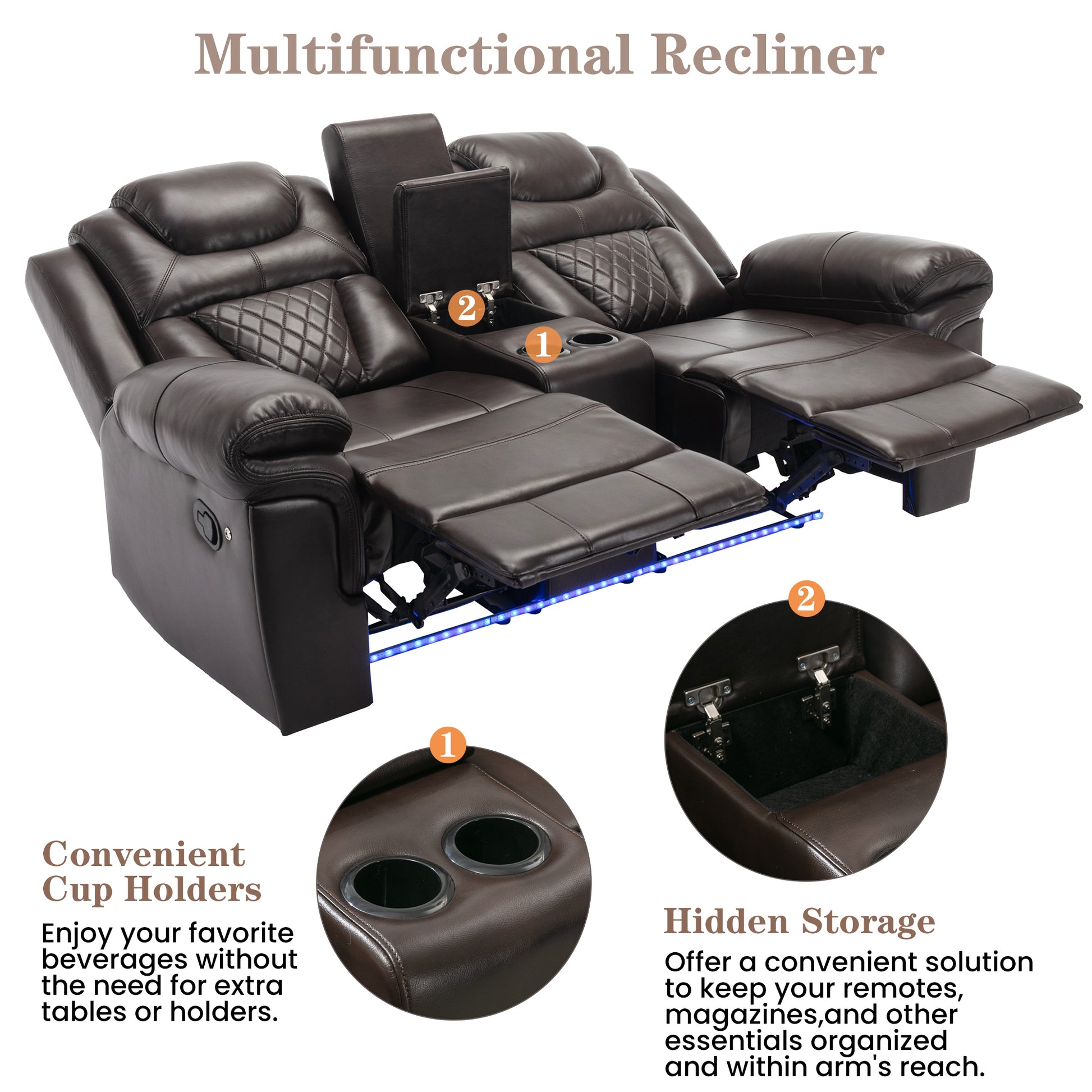 Home Theater Seating Manual Recliner Loveseat With Hide Away Storage, Cup Holders And Led Light Strip For Living Room, Brown Brown Foam Faux Leather