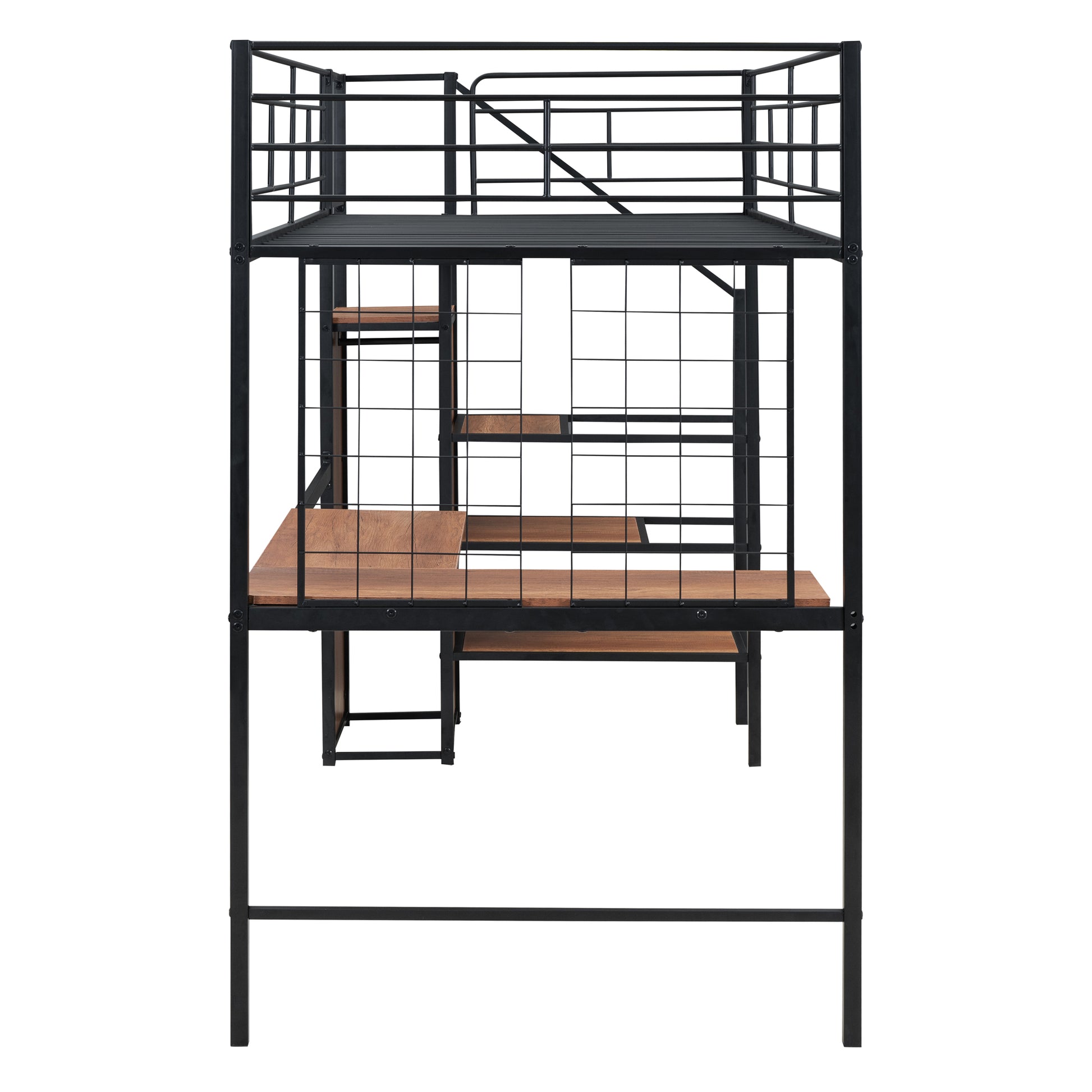 Twin Size Metal Loft Bed With Desk And Metal Grid, Stylish Metal Frame Bed With Lateral Storage Ladder And Wardrobe, Black Black Mdf Metal