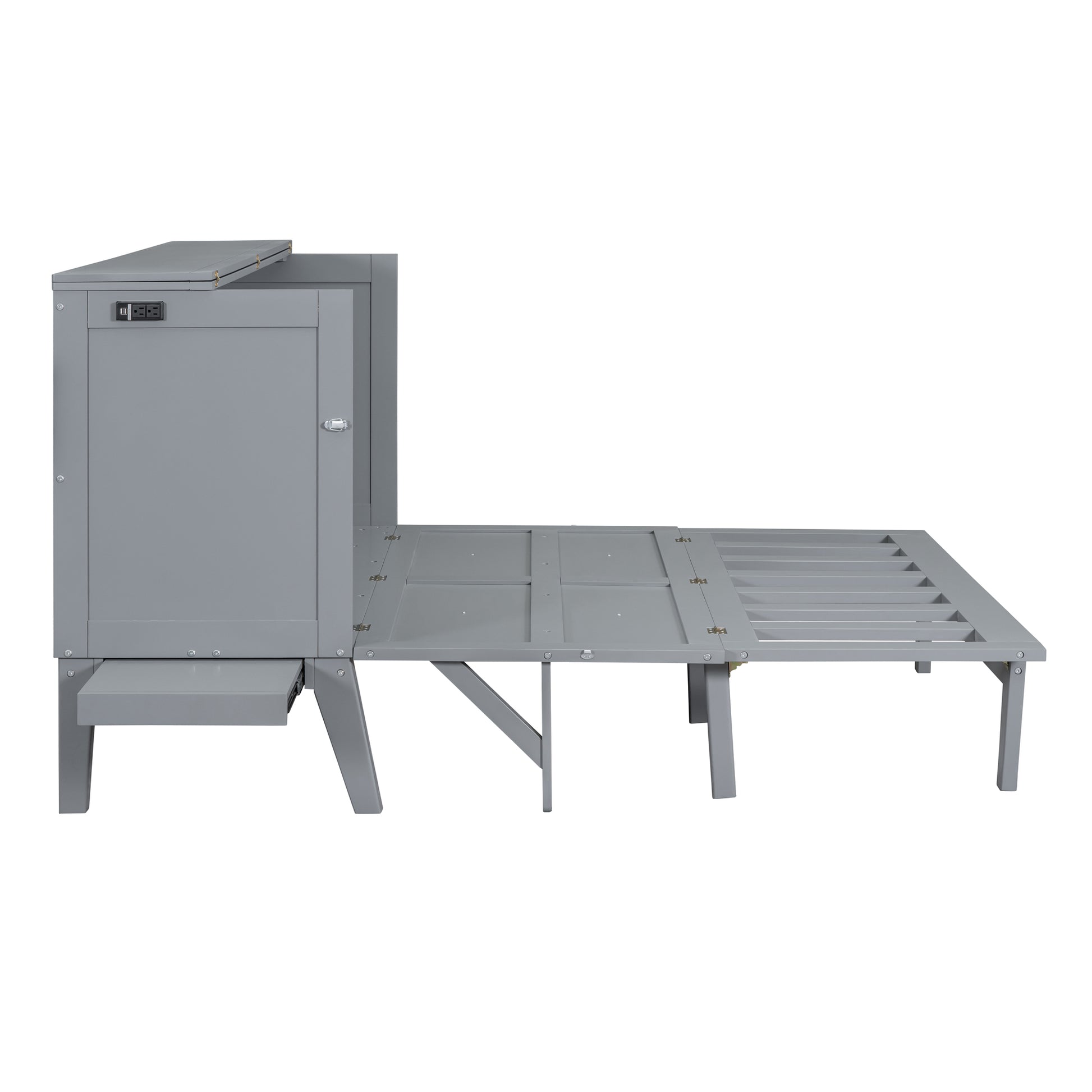 Queen Size Murphy Bed With Usb Port And Removable Shelves On Each Side,Gray Gray Solid Wood Mdf