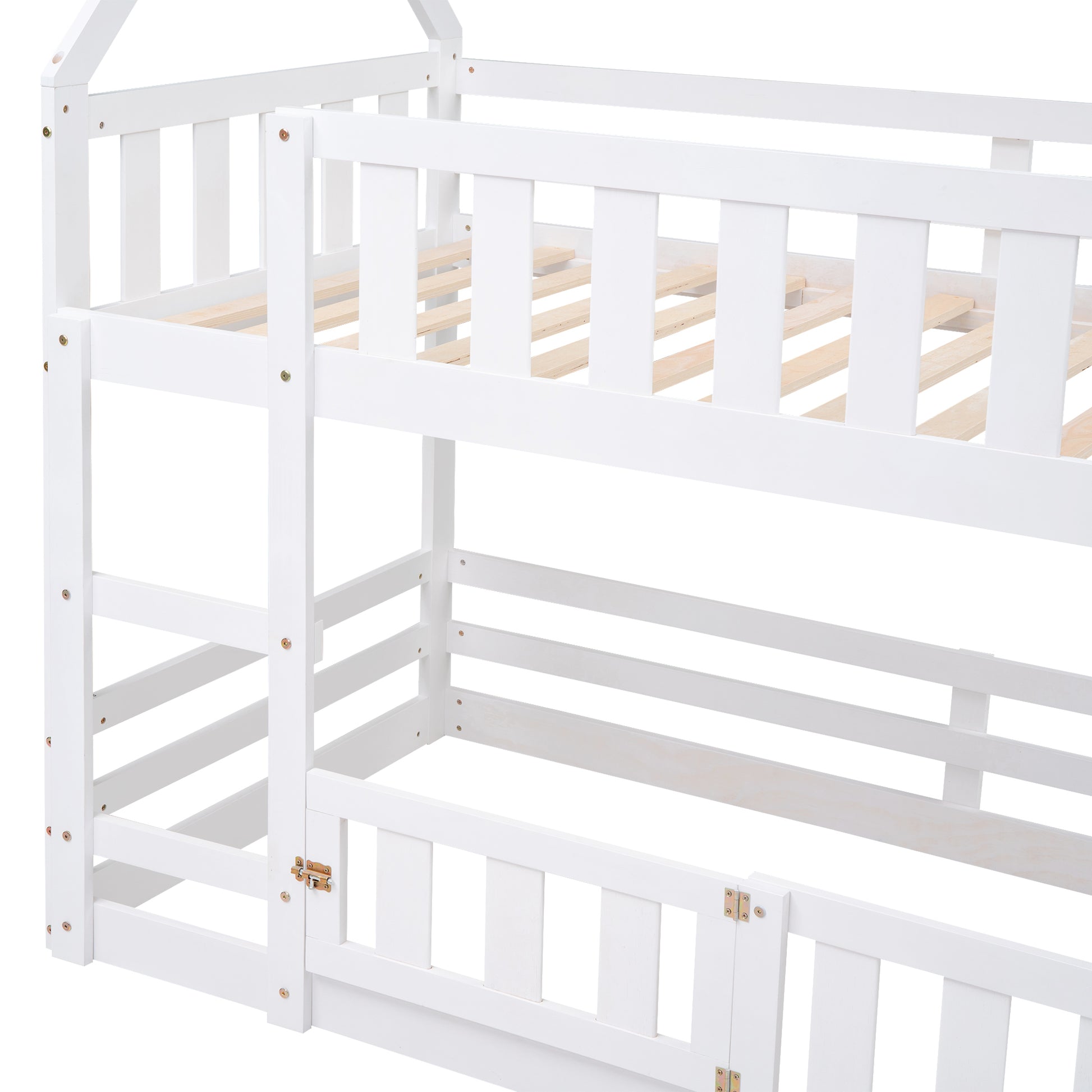 Twin Over Twin House Bunk Bed With Fence And Door, White Box Spring Not Required Twin White Wood Bedroom Bunk Solid Wood Mdf