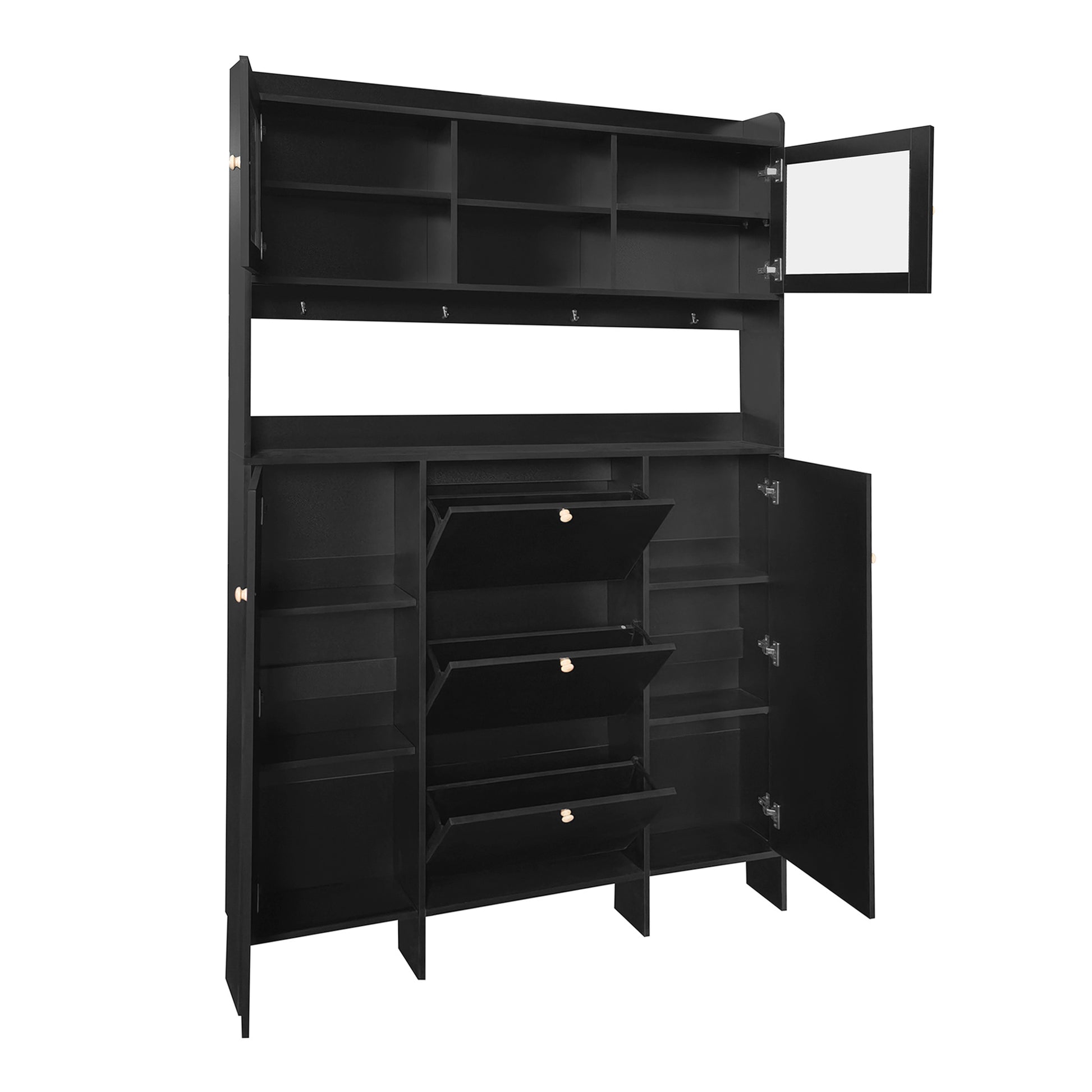 Contemporary Shoe Cabinet With Open Storage Platform, Tempered Glass Hall Tree With 3 Flip Drawers, Versatile Tall Cabinet With 4 Hanging Hooks For Hallway, Black 3 4 Drawers Black Primary Living Space Adjustable Shelves Particle Board