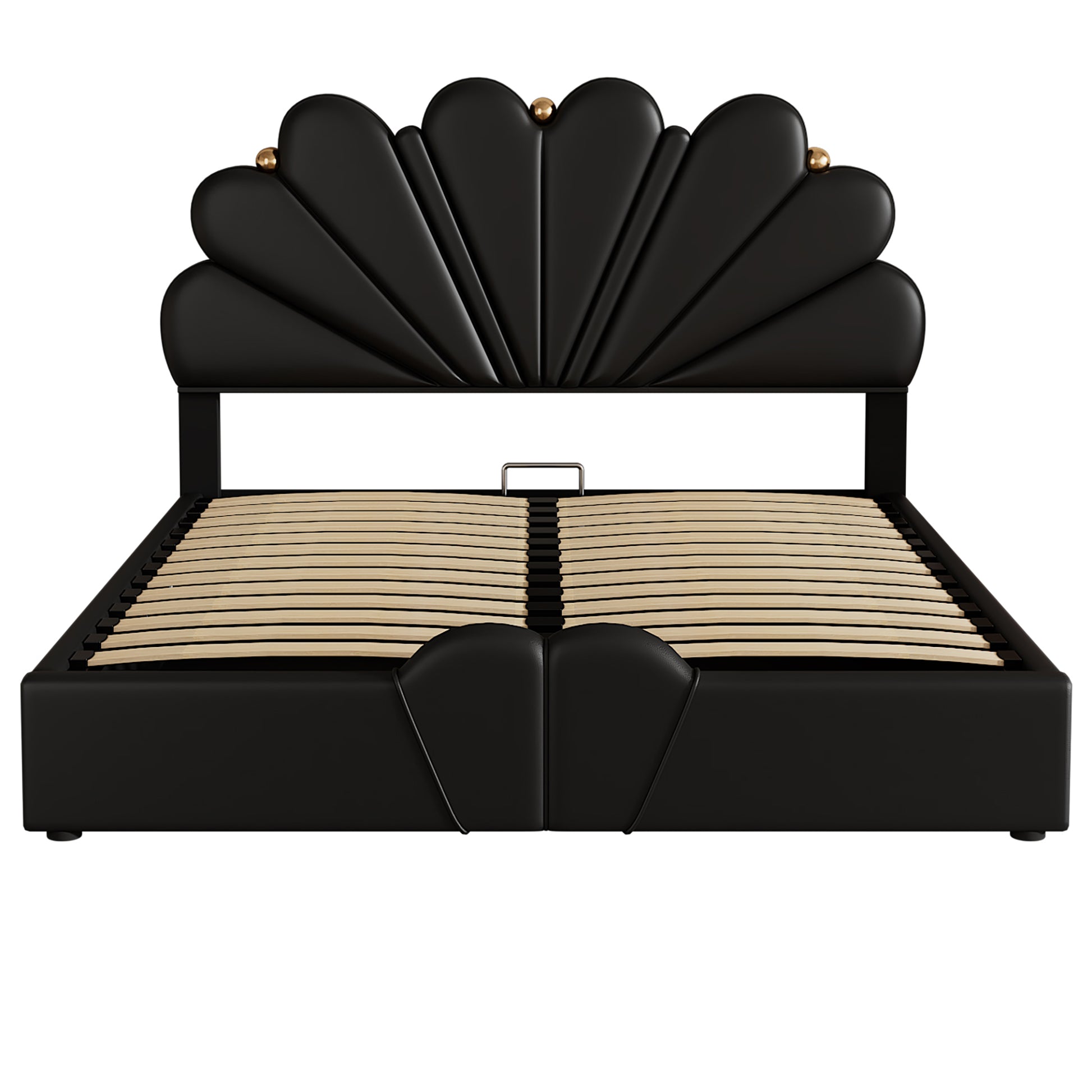 Queen Size Upholstered Petal Shaped Platform Bed With Hydraulic Storage System, Pu Storage Bed, Decorated With Metal Balls, Black Black Pu