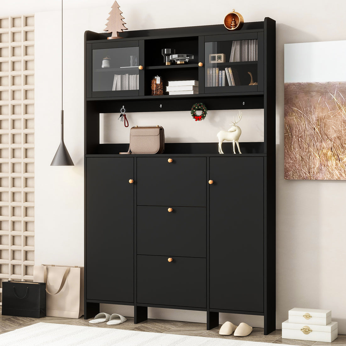 Contemporary Shoe Cabinet With Open Storage Platform, Tempered Glass Hall Tree With 3 Flip Drawers, Versatile Tall Cabinet With 4 Hanging Hooks For Hallway, Black 3 4 Drawers Black Primary Living Space Adjustable Shelves Particle Board