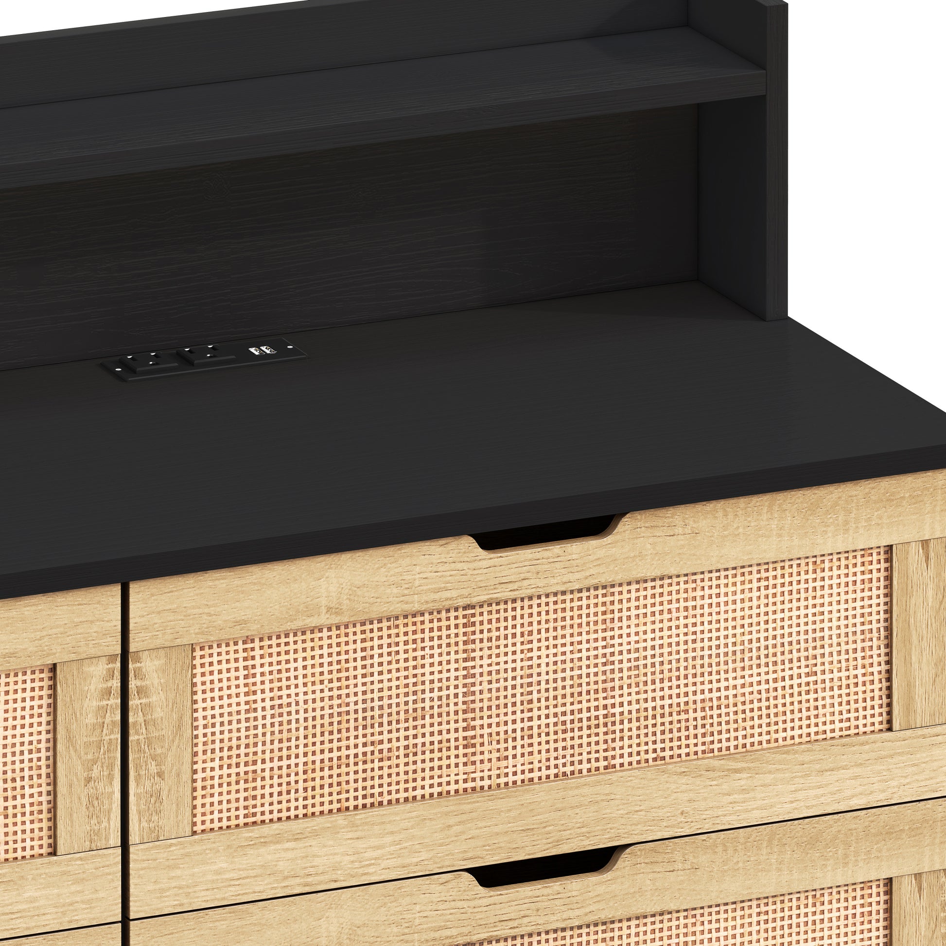 43.31"6 Drawers Rattan Storage Cabinet Rattan Drawer With Led Lights And Power Outlet,For Bedroom,Living Room,Black Black Particle Board