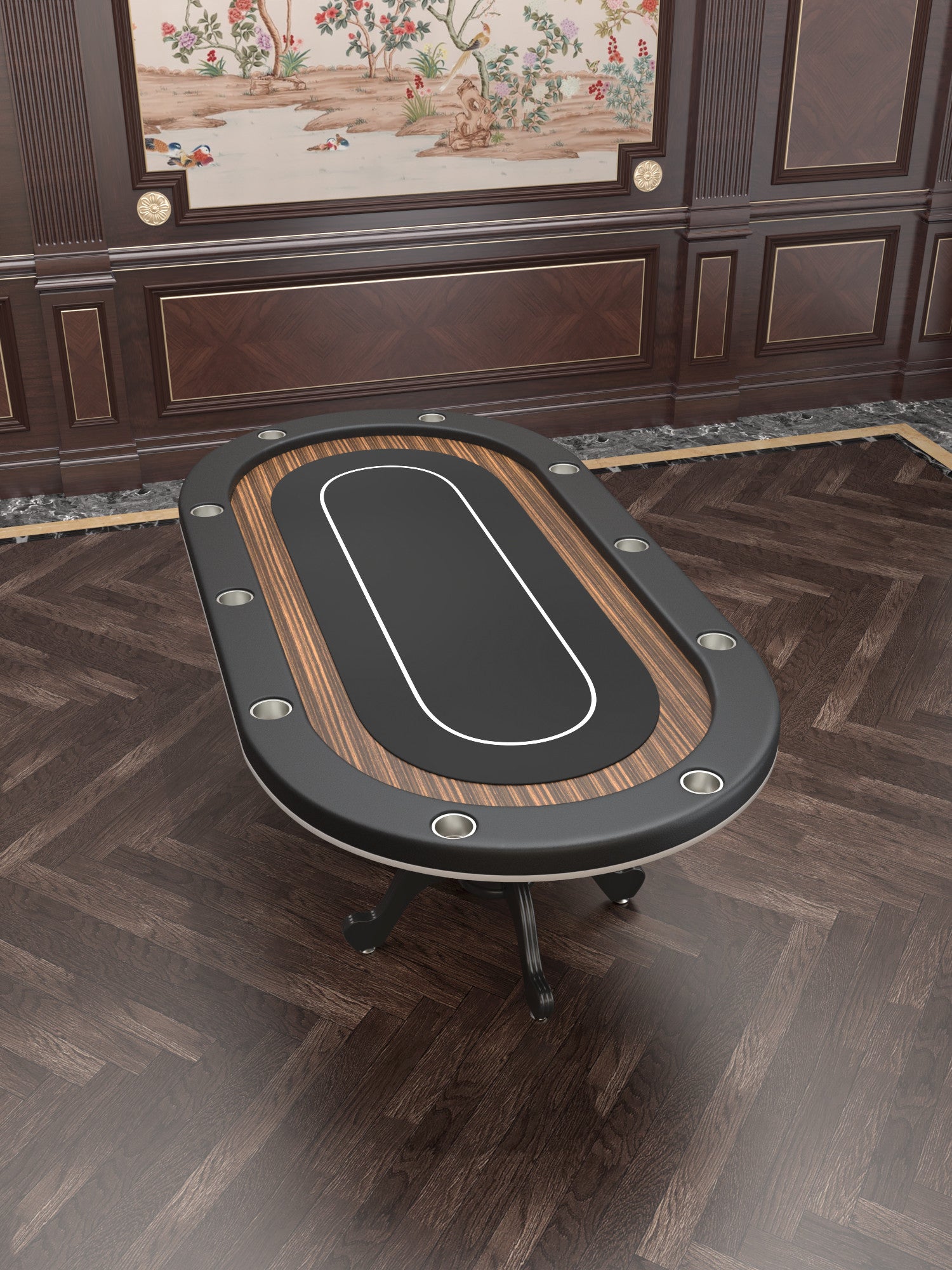 96" Oval Aura Casino Waterproof Felt Curved Legs Poker Table Black Wood