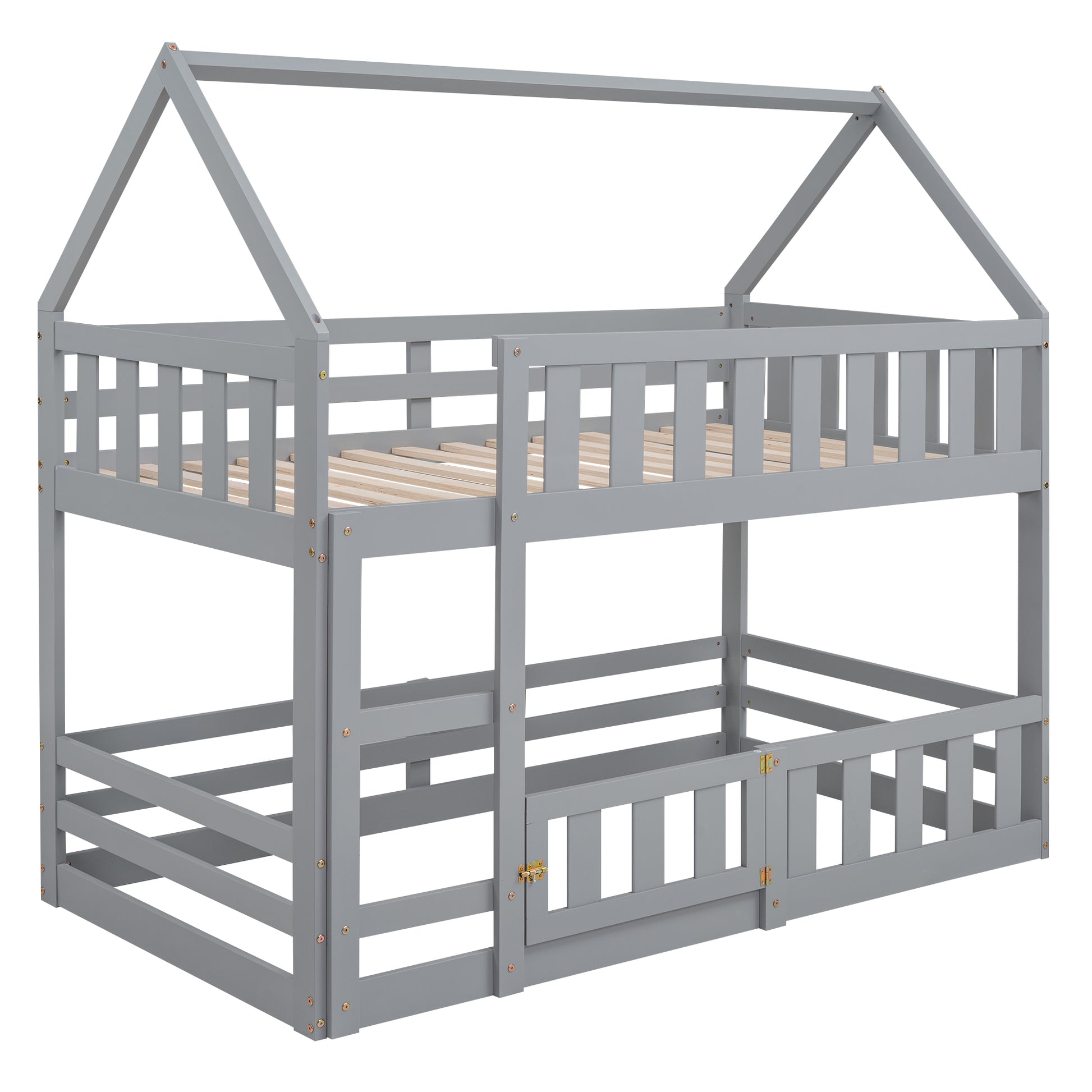 Twin Over Twin House Bunk Bed With Fence And Door, Gray Box Spring Not Required Twin Gray Wood Bedroom Bunk Solid Wood Mdf