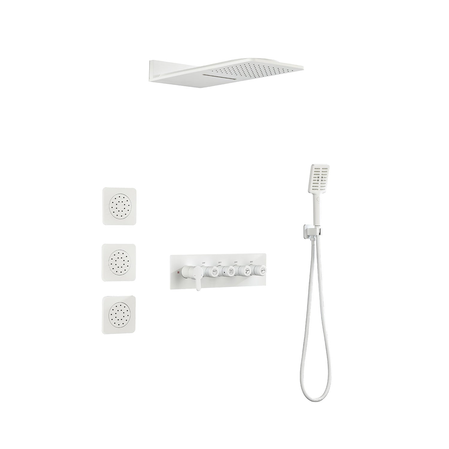 Wall Mounted Waterfall Rain Shower System With 3 Body Sprays & Handheld Shower White Wall Mounted Bathroom Brass