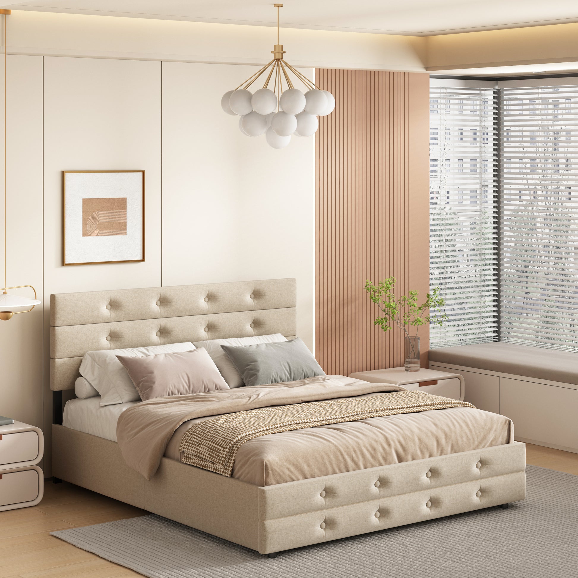 Queen Size Upholstered Platform Bed With Twin Trundle And 2 Storage Drawers Underneath, Linen Fabric With Wood Slat, For Bedroom,Light Beige Box Spring Not Required Queen Light Beige Wood Bedroom American Design Bed Frame Linen Linen