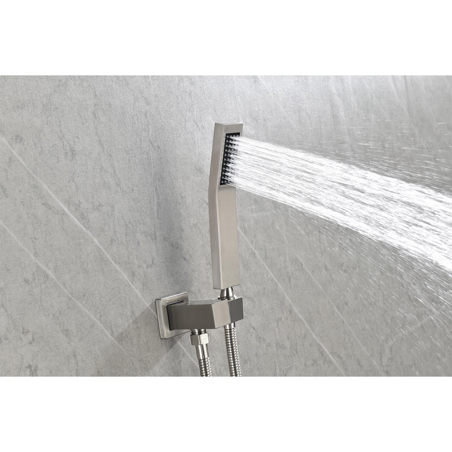 Shower System With Rain Shower Head, Hand Shower Head, Water Control Valve, Shower Bracket, Hose And Niche Brushed Nickel Wall Mounted Bathroom Brass