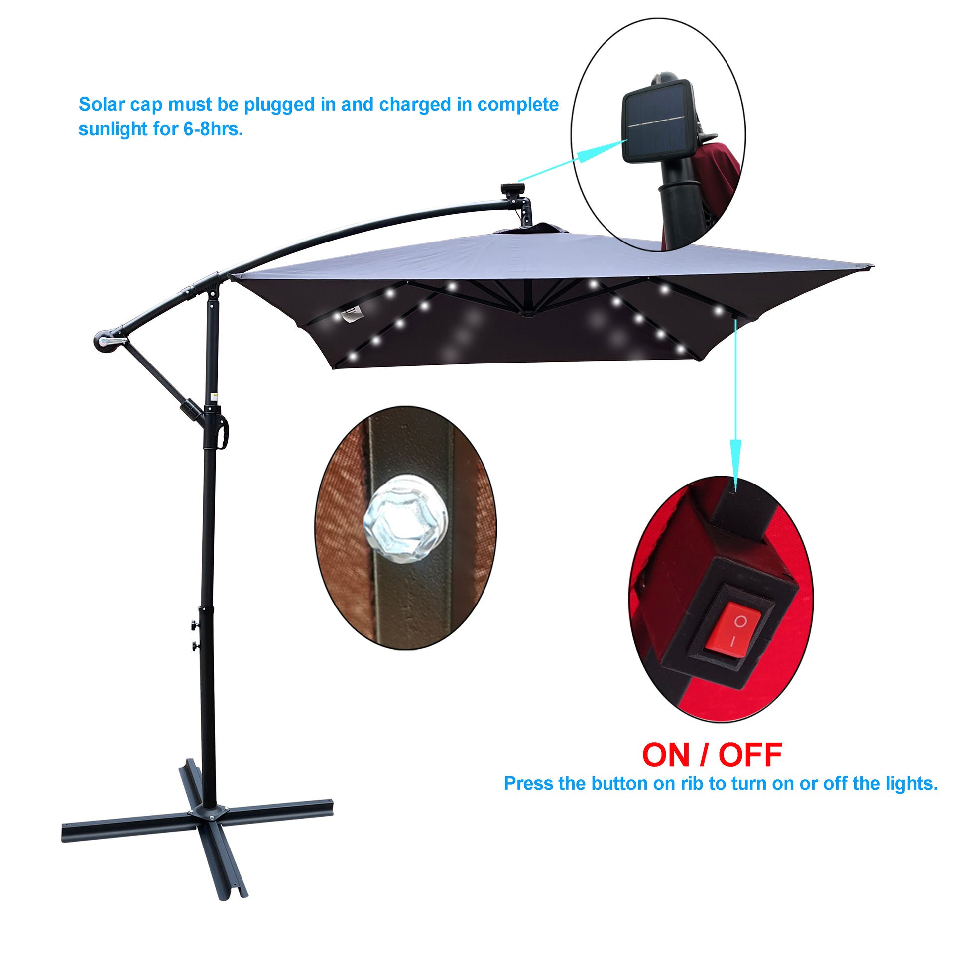 Rectangle 2X3M Outdoor Patio Umbrella Solar Powered Led Lighted Sun Shade Market Waterproof 6 Ribs Umbrella With Crank And Cross Base For Garden Deck Backyard Pool Shade Outside Deck Swimming Pool