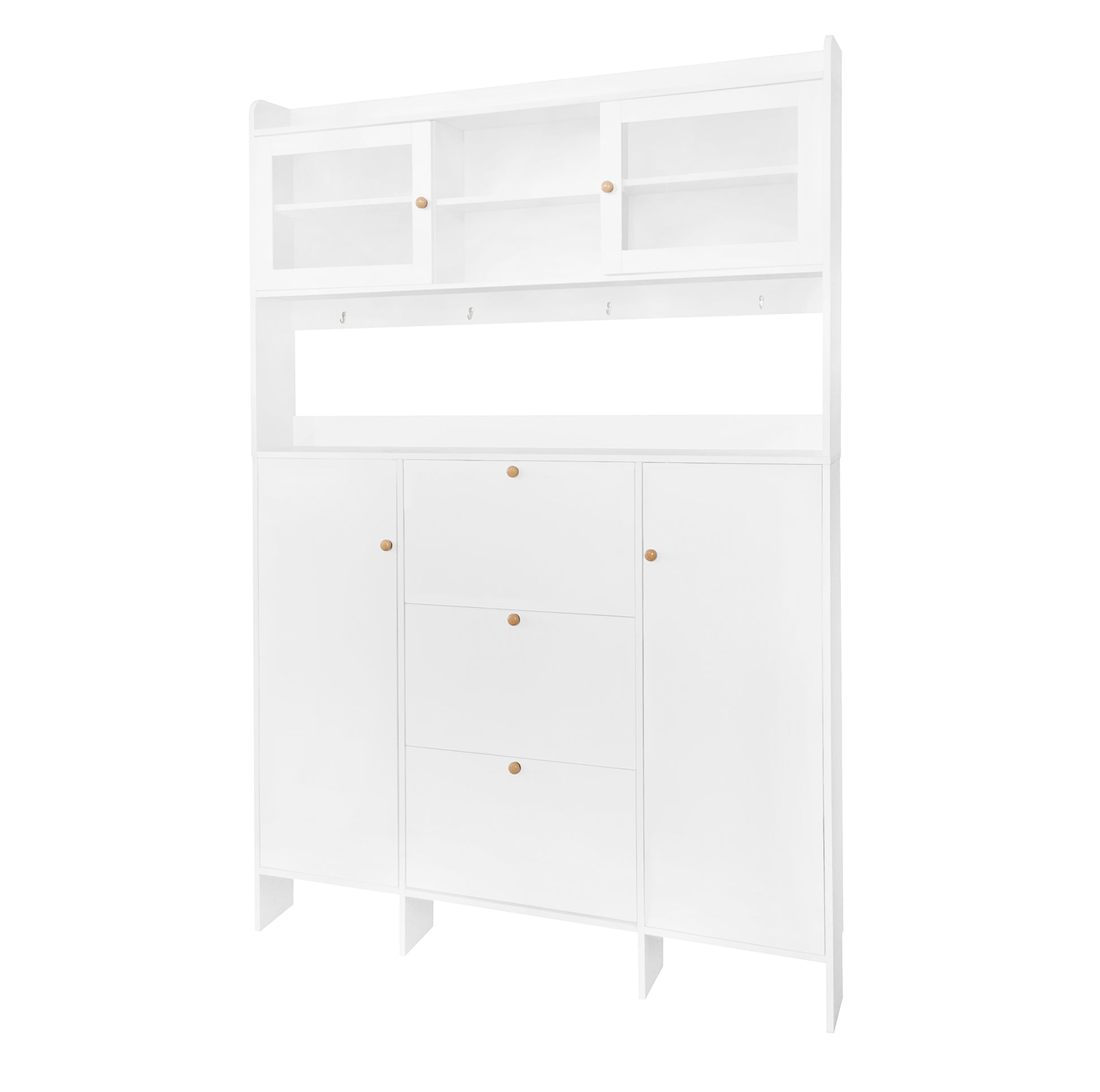 Contemporary Shoe Cabinet With Open Storage Platform, Tempered Glass Hall Tree With 3 Flip Drawers, Versatile Tall Cabinet With 4 Hanging Hooks For Hallway, White 3 4 Drawers White Primary Living Space Adjustable Shelves Particle Board