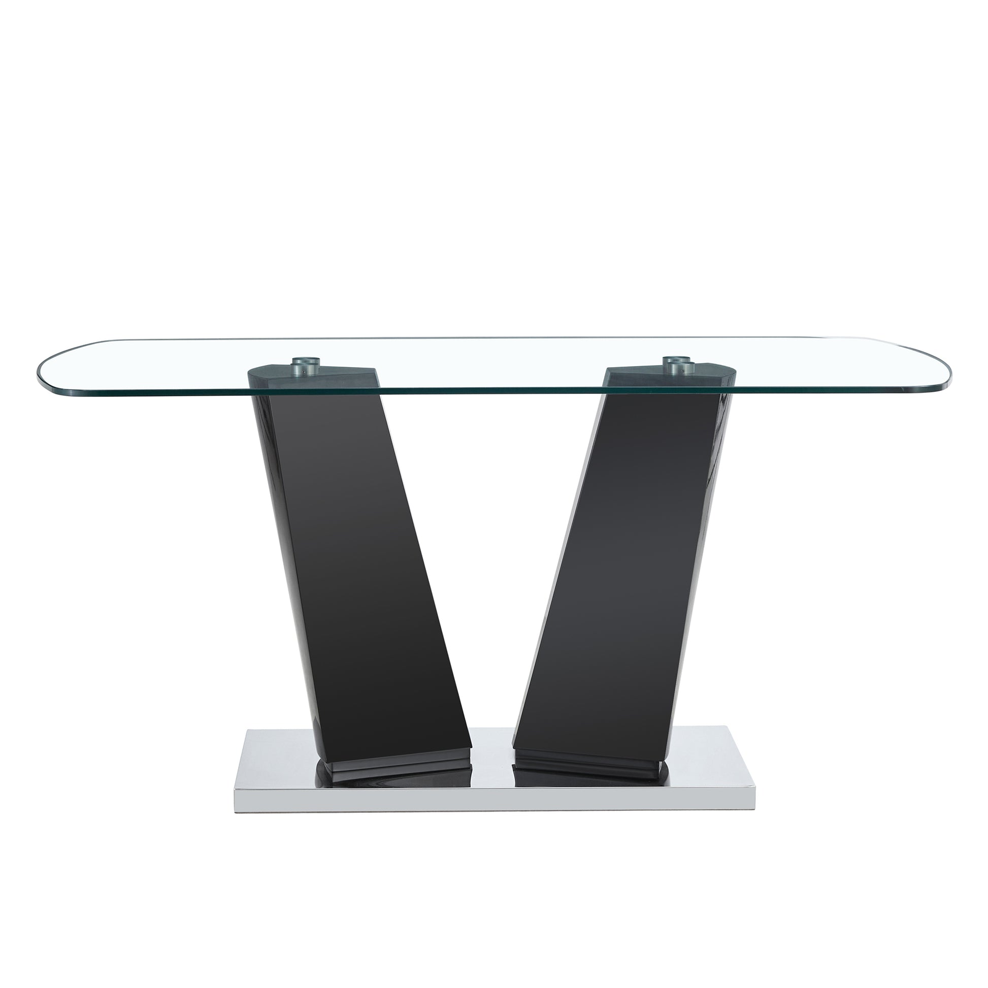 Modern Dining Table, 63" Dining Room Table With Glasstop And V Shape Base, Rectangular Kitchen Dining Table For Kitchen Living Dining Room Only Table Clear Black Dining Room Luxury,Modern Mdf Glass Glass Metal