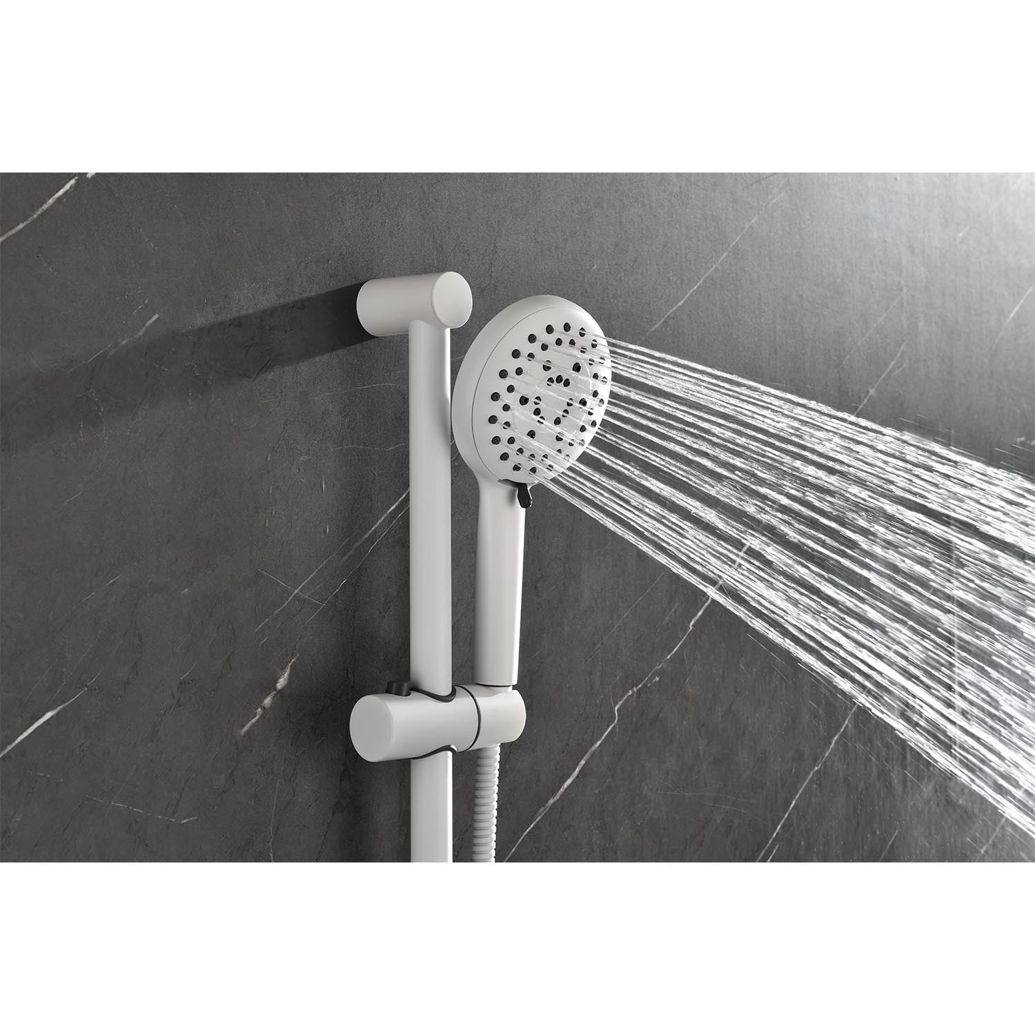 Shower System With Shower Head, Hand Shower, Slide Bar, Bodysprays, Shower Arm, Hose, Valve Trim, And Lever Handles White Wall Mounted Bathroom Brass