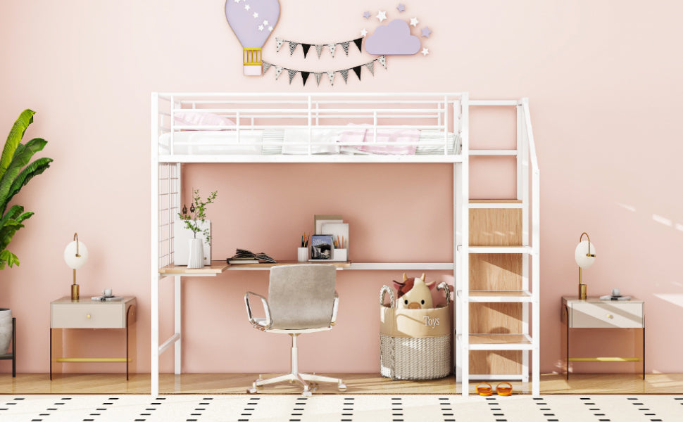 Twin Size Metal Loft Bed With Desk And Metal Grid, Stylish Metal Frame Bed With Lateral Storage Ladder And Wardrobe, White White Mdf Metal