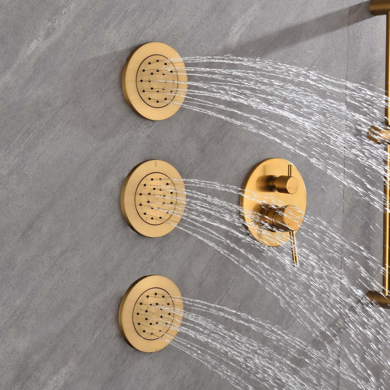 Shower System With Shower Head, Hand Shower, Slide Bar, Bodysprays, Shower Arm, Hose, Valve Trim, And Lever Handles Brushed Gold Wall Mounted Bathroom Brass