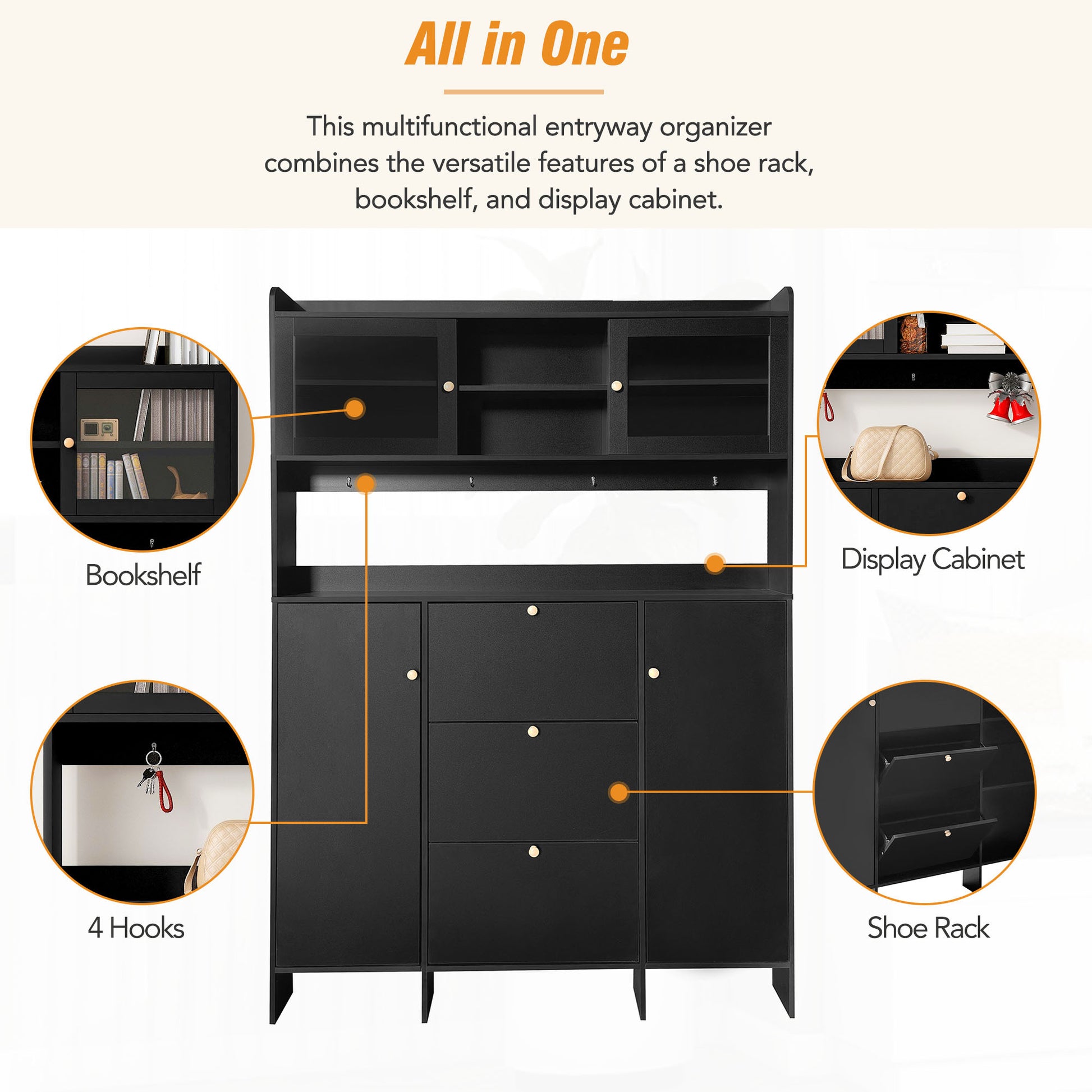 Contemporary Shoe Cabinet With Open Storage Platform, Tempered Glass Hall Tree With 3 Flip Drawers, Versatile Tall Cabinet With 4 Hanging Hooks For Hallway, Black 3 4 Drawers Black Primary Living Space Adjustable Shelves Particle Board