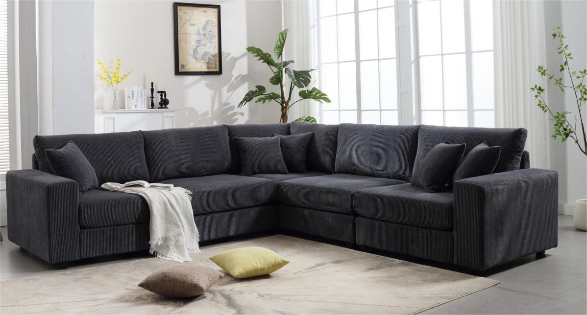 Oversized Length117.2''*Width 117.2'' Modular Sectional Sofa Couches Set ,Corduroy Upholstered Deep Seat Comfy Sofa For Living Room,Dark Gray Dark Gray Light Brown Polyester Wood Primary Living Space Medium Soft Cushion Back Modern Square Arms Wood 5