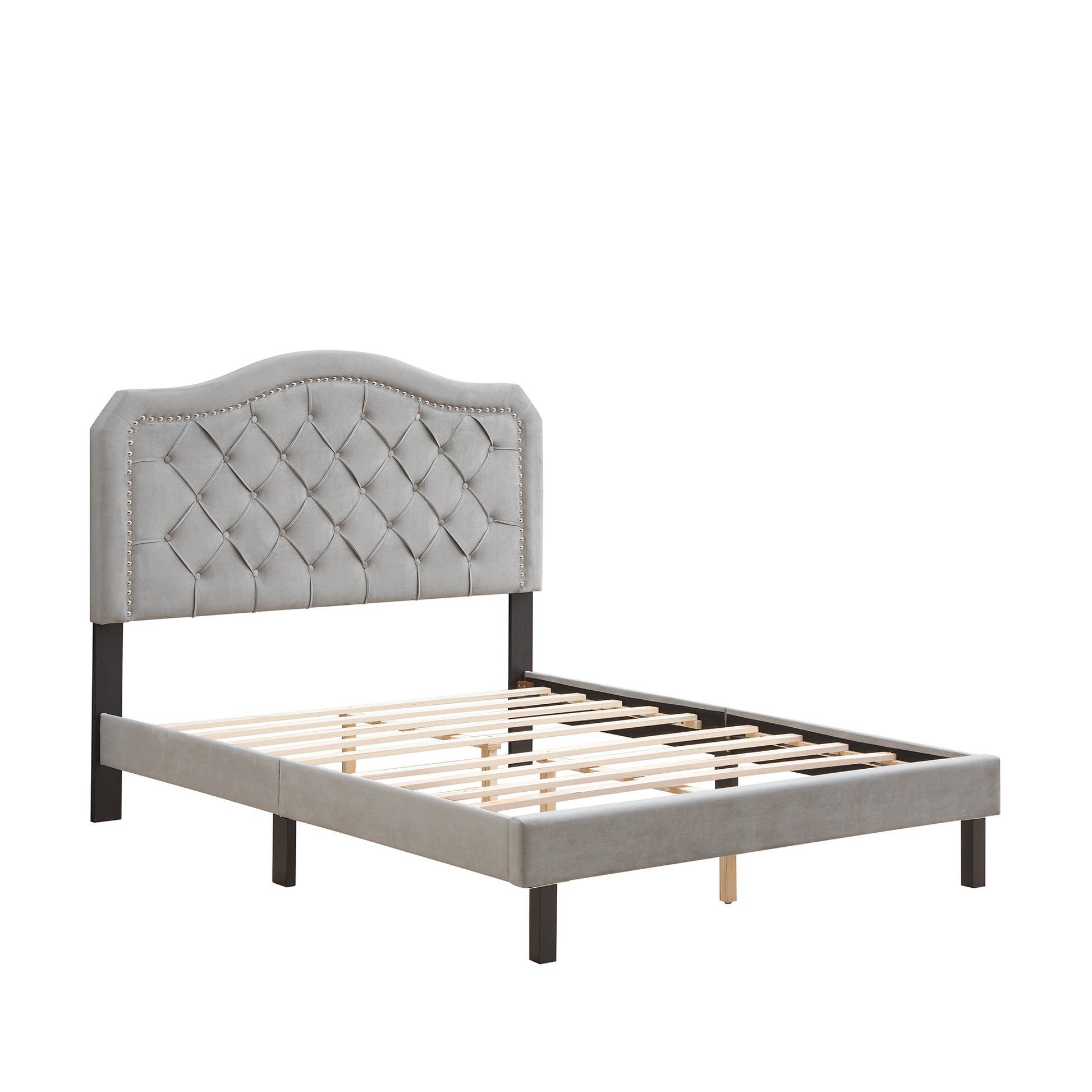 Upholstered Bed Button Tufted With Curve Design Strong Wood Slat Support Easy Assembly Gray Velvet Platform Bed Queen Gray Velvet